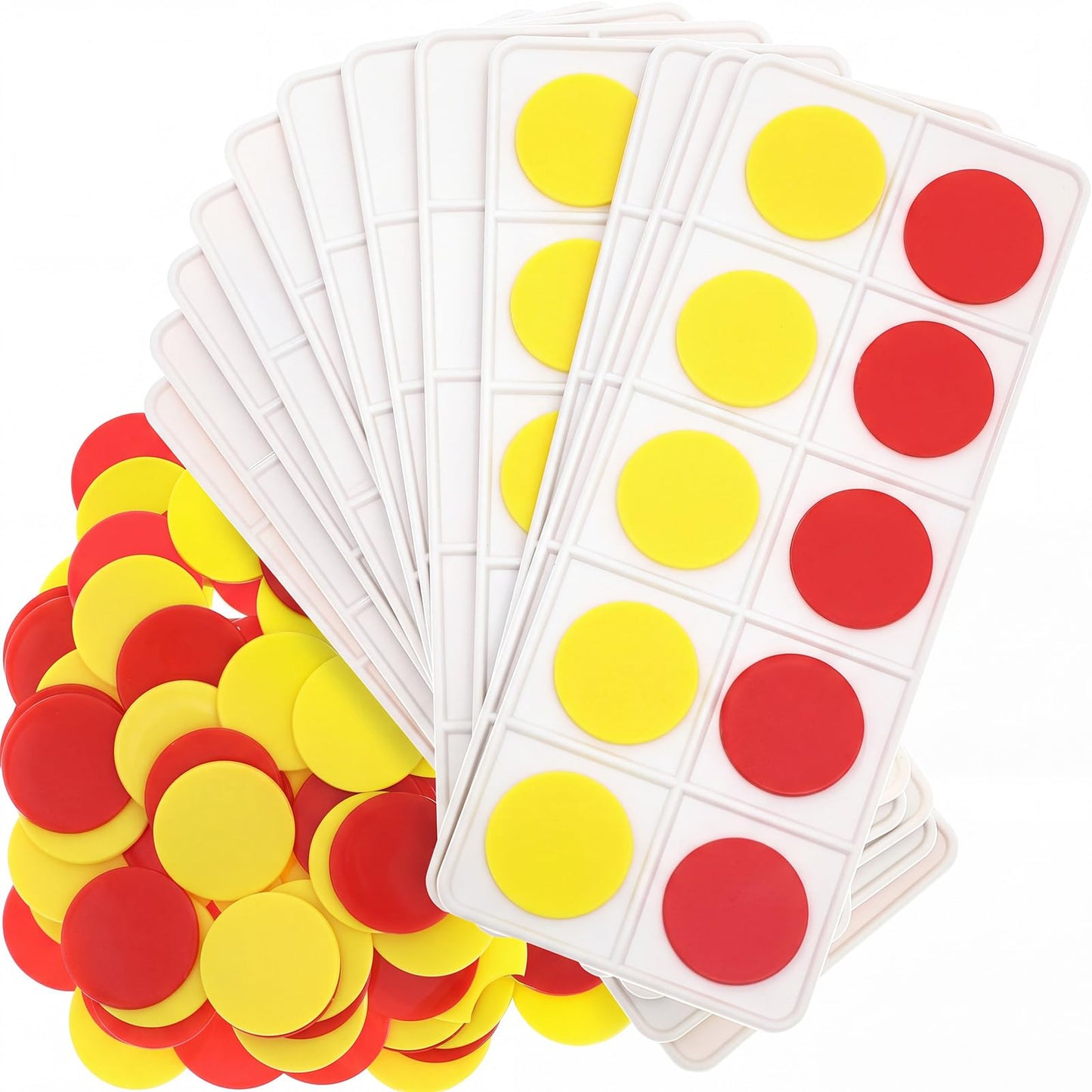 Soulchen 12 Sets Plastic Ten Frames for Classroom Math Manipulatives for Kids Classroom Math Counters Supplies Including 12 Plastic Ten Frames, 120 Counters for Teach Number Concepts (Red, Yellow)
