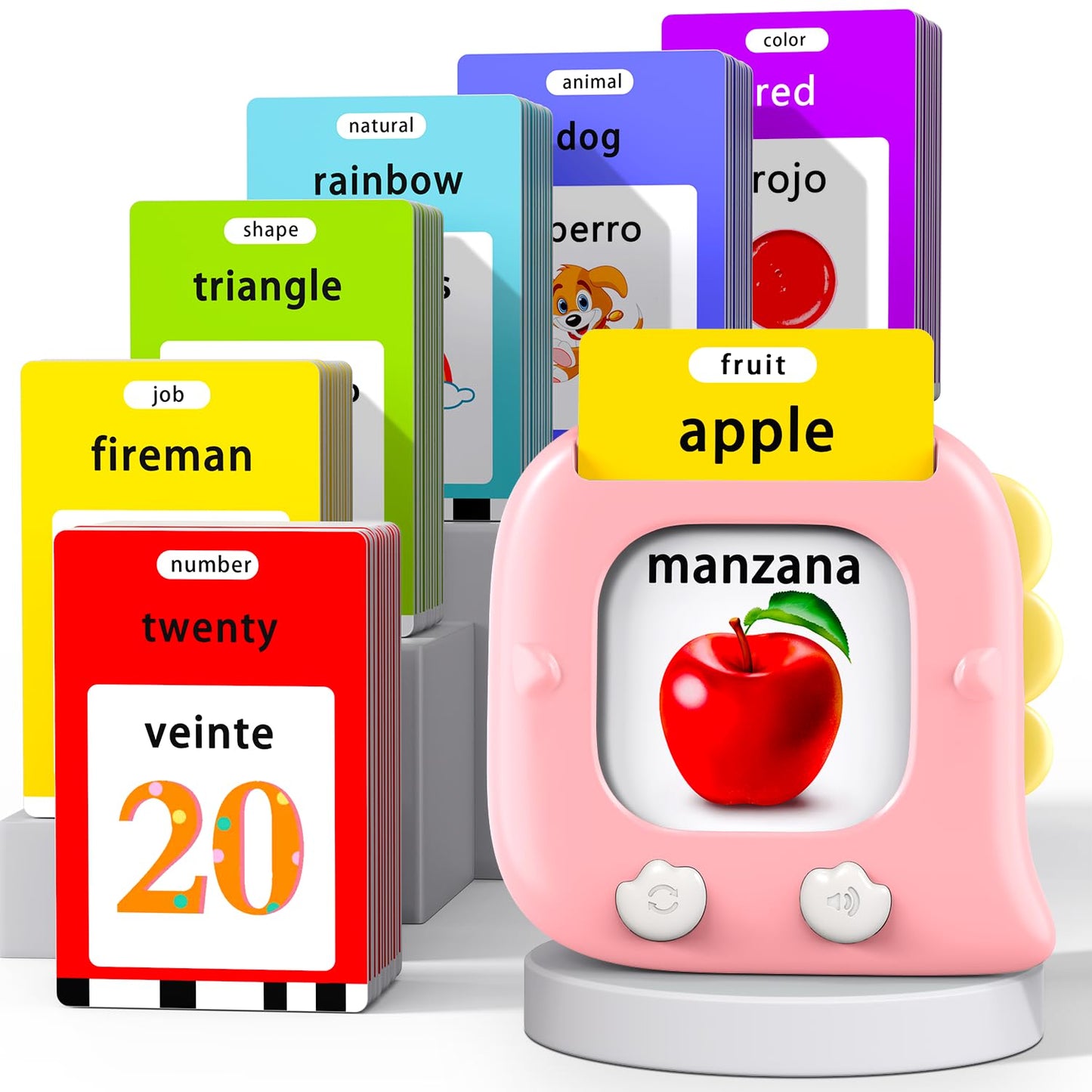 Kidzdo 520 Bilingual Spanish English Talking Flash Cards, Easter Birthday Gifts for 2 3 4 5 6 Year Old Girls, Language Pocket Speech Therapy Toys, Portable Toddlers Toys, Pink