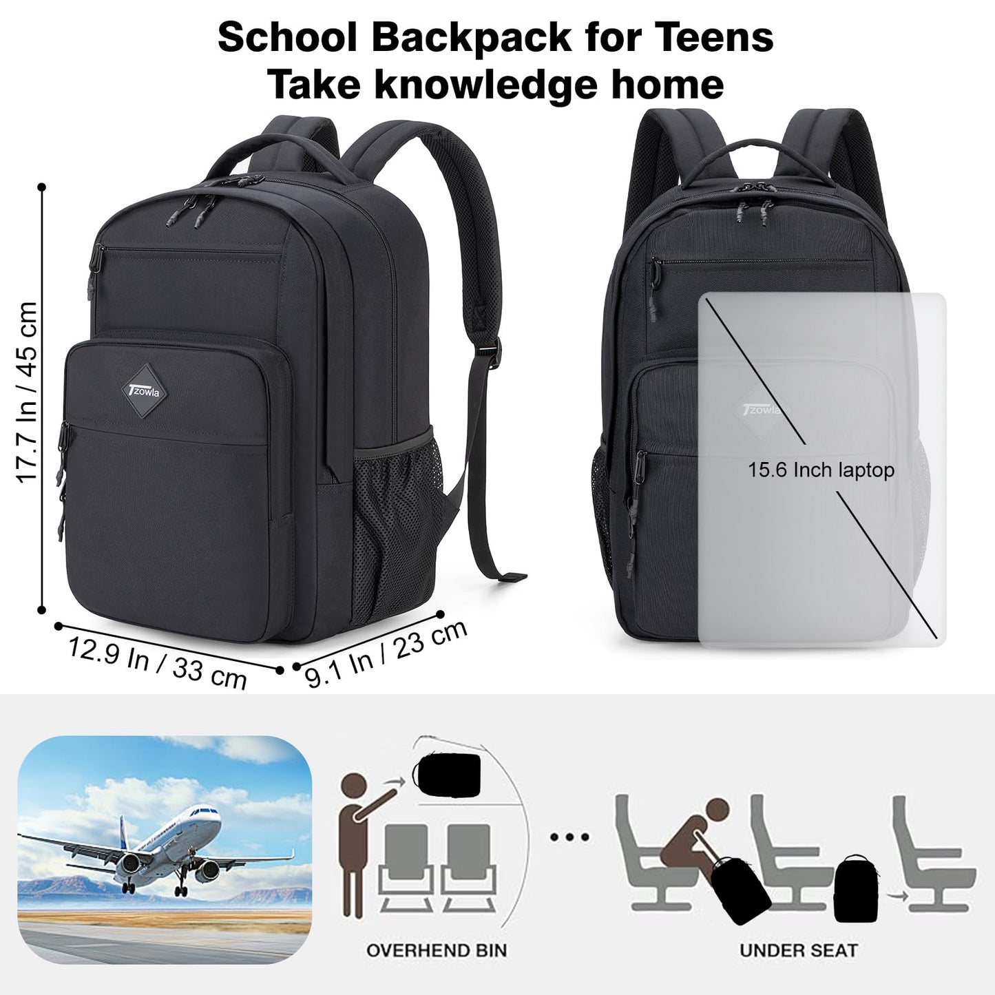 Tzowla School Backpack for Teen Girs and Boys,15.6 Inch Laptop Bookbag for 14-18 Teenage,Lightweight Students Backpacks for College/Campus/High Shool,Water Resistant Casual Daypack(Black)