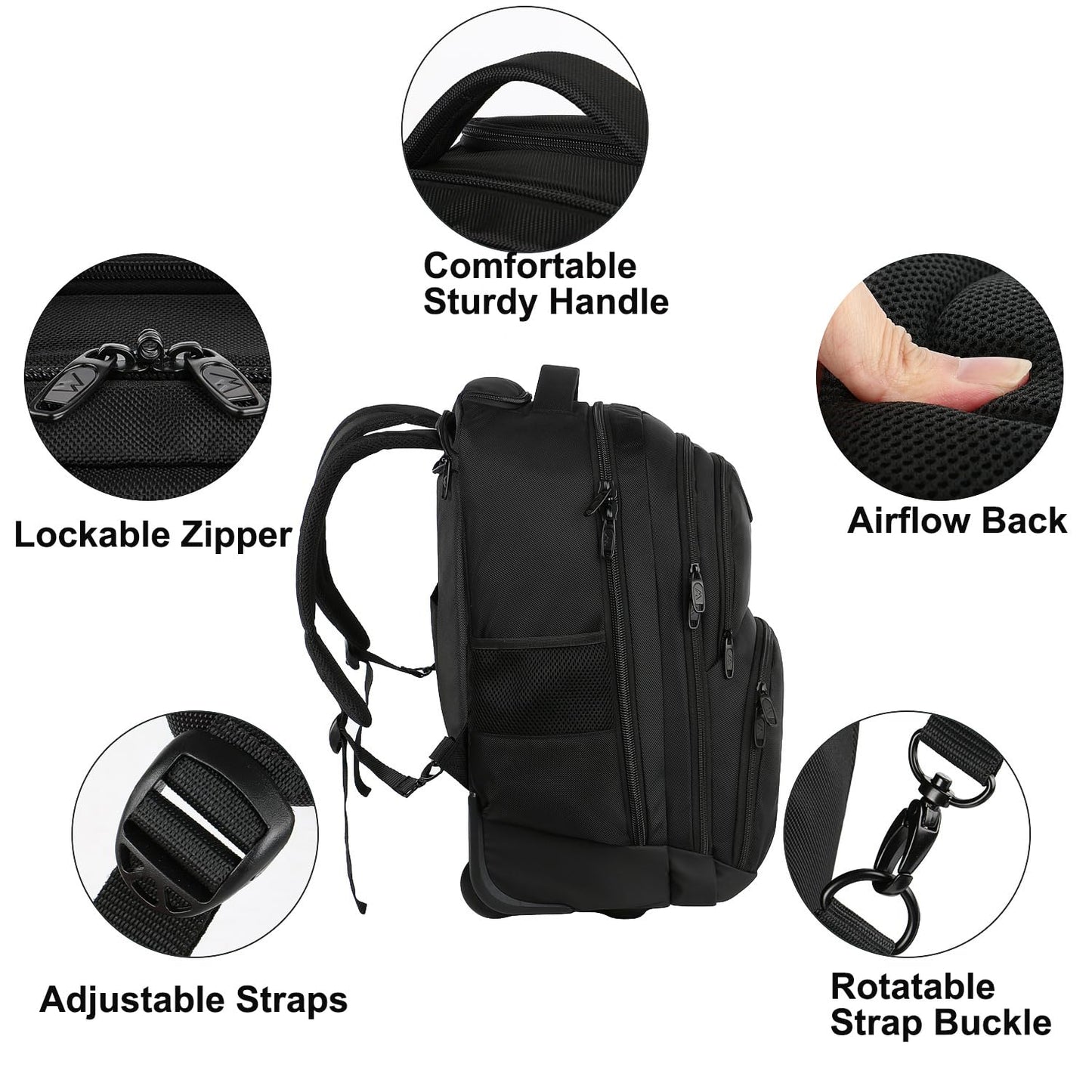 MATEIN Rolling Backpack, 17 inch Water Resistant Wheeled Laptop Backpack, Carry on Luggage Business Bag, Overnight College Computer Bag Trolley Suitcase for Men Women Adults to Travel, Black