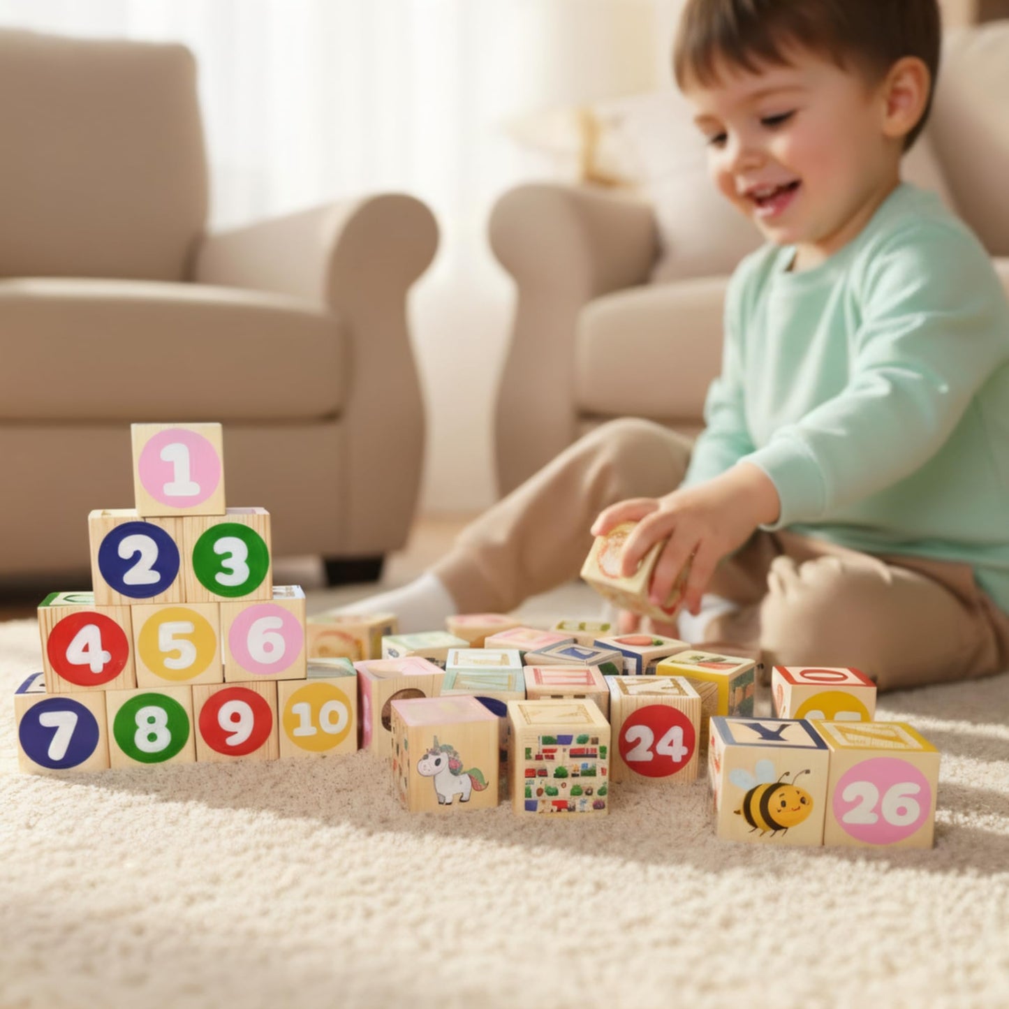 Tot Dojo ABC-123 Pine Wood Educational Blocks Set, 26 Pieces – Alphabet, Numbers, Animals, Fruits & Patterns for Toddlers