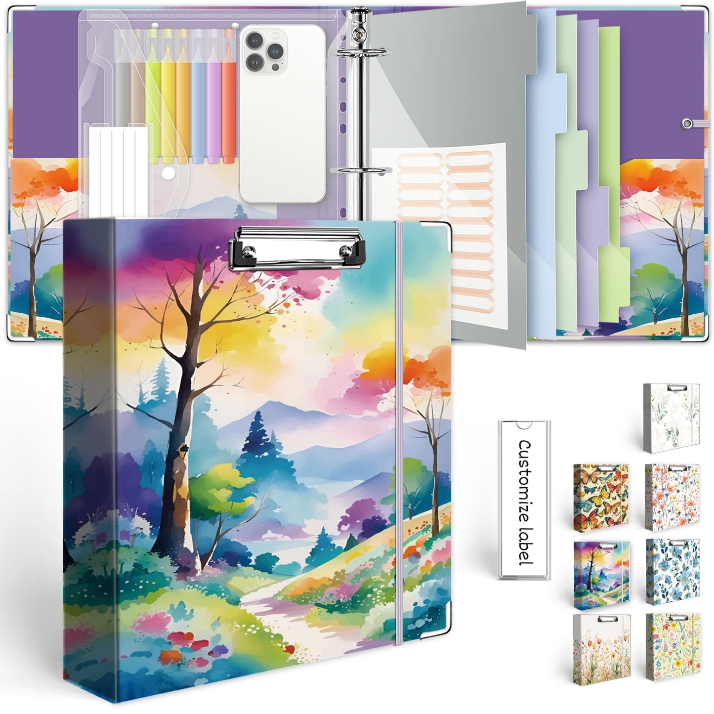 3 Ring Binder 2 Inch for 8.5"x11" Paper, Three Ring Binders with Clipboard, 5 Dividers with Tabs and Pockets, Decorative Binder with Pen Holder,Path