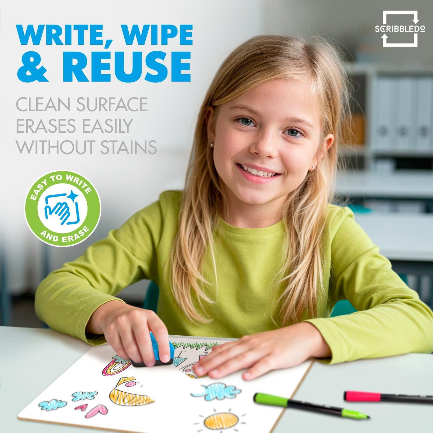 Scribbledo Small Dry Erase Boards for Students, 6 Pack 9 x 12 Double Sided White Boards with 6 Erasers, Student White Boards for Classroom, Personal Whiteboards for Kids, Mini Lap Boards