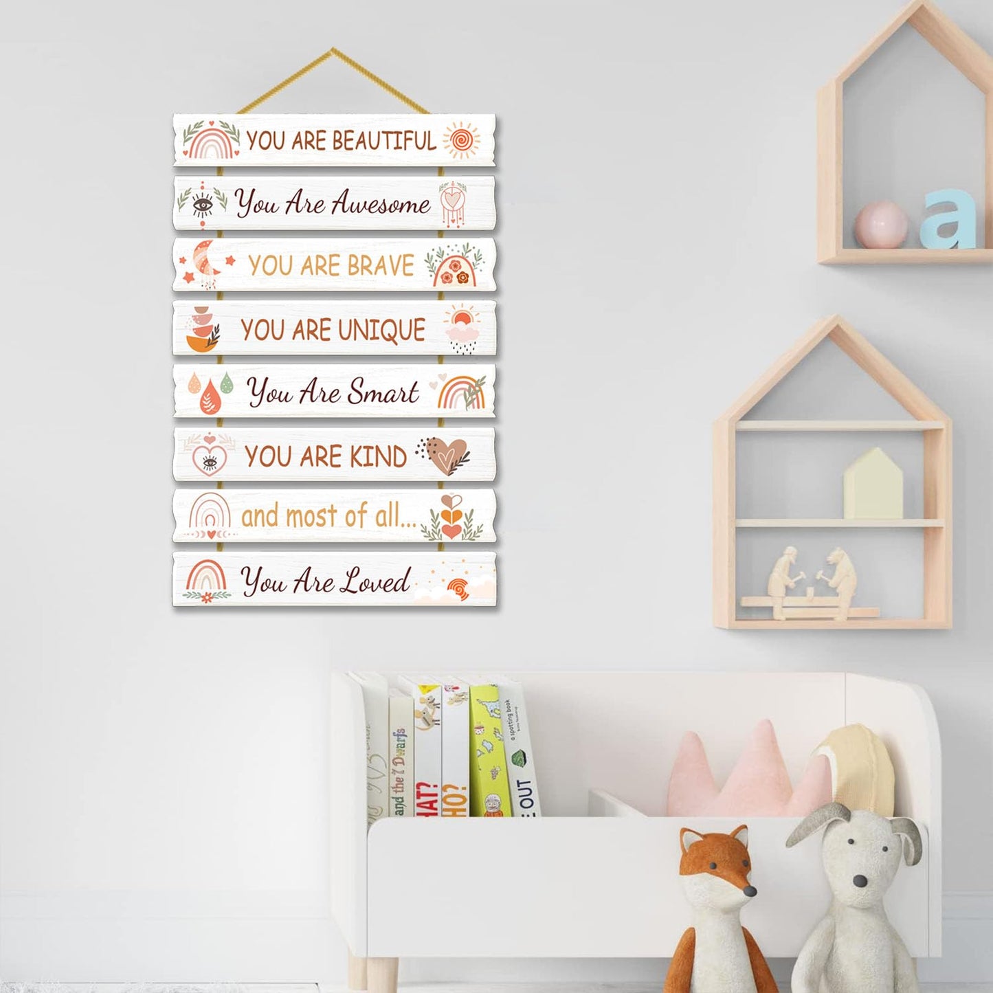 Rutiyoka Boho Wall Art for Girls' Room - Rainbow Inspirational Wood Decor for Kids' Nursery or Toddler Room Sign