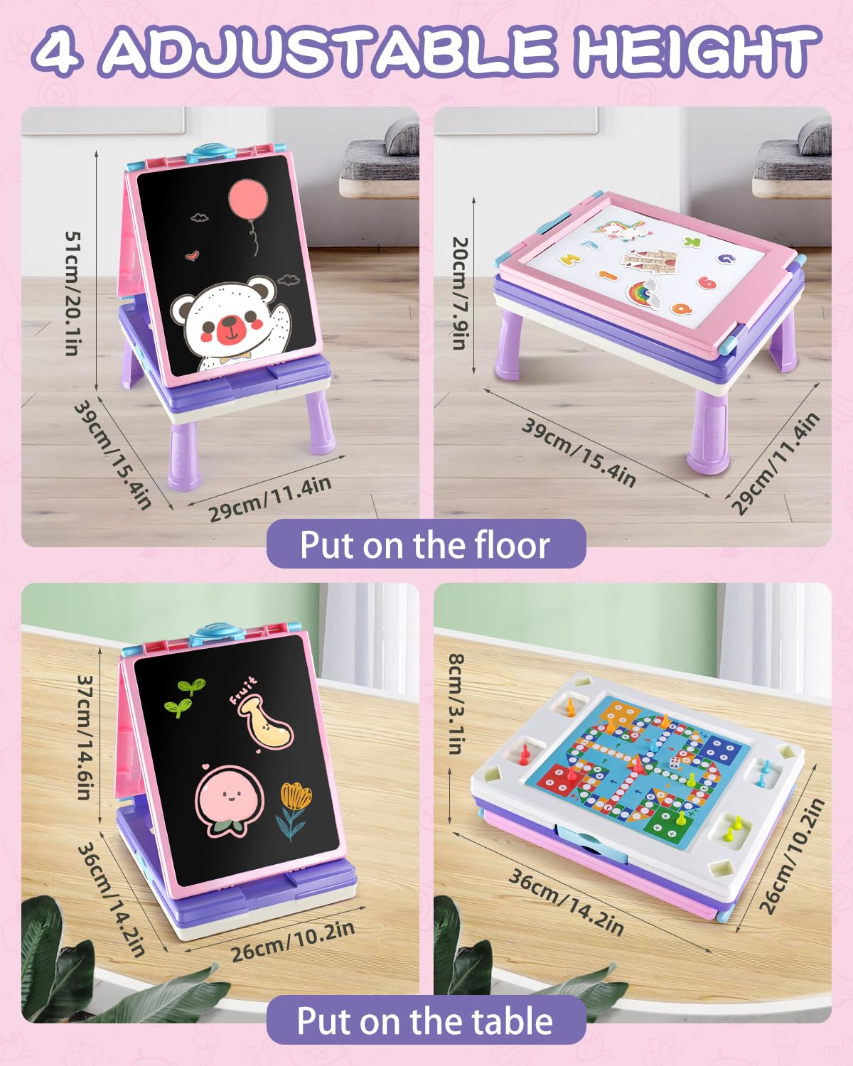 Elovien Easel for Kids, 4 in 1 Double Sided Toddler Art Easel with Chalkboard & Magnetic Whiteboard, Foldable Kid Tabletop Easel with Drawing & Writing Accessories - Educational Gift for Girl (Purple)