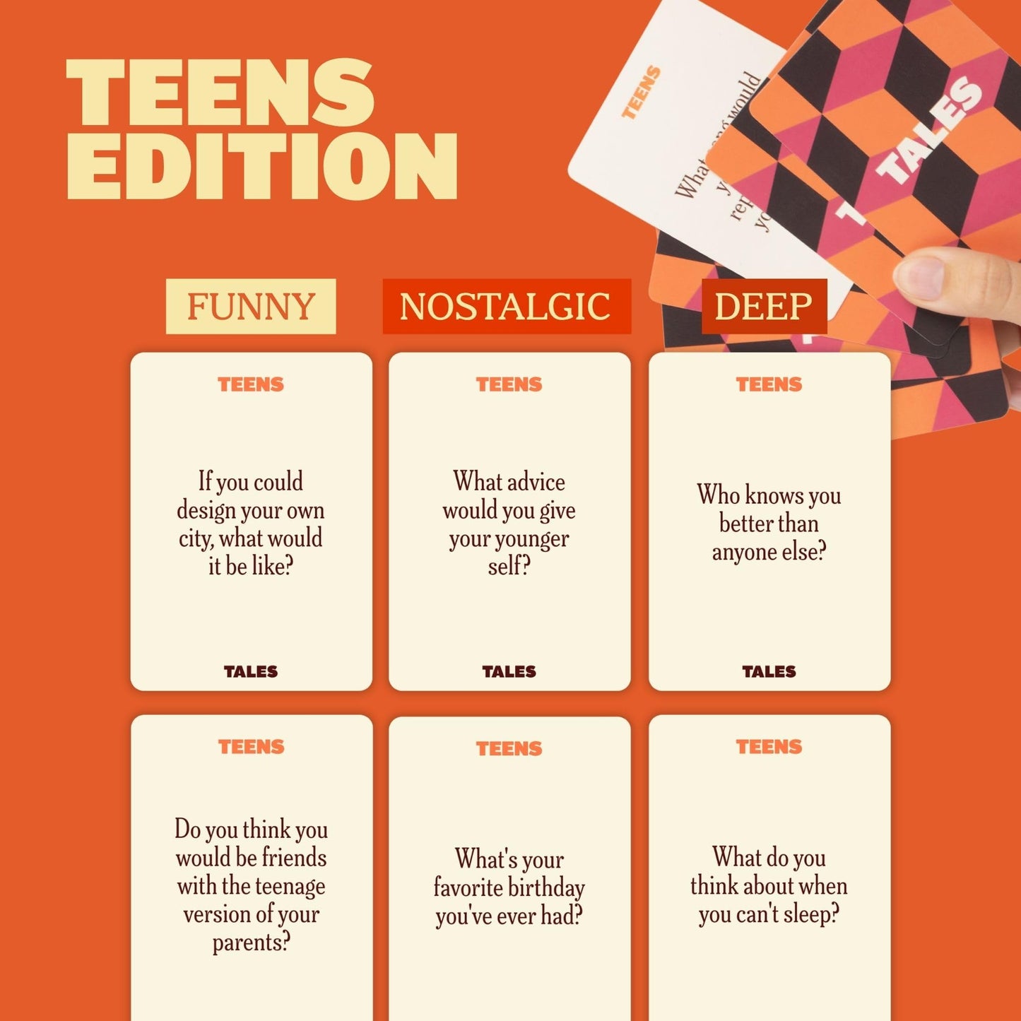 TALES 150 Conversation Cards, Teens Edition, Fun Family Games for Teens, Perfect for Dinners, Road Trips, Classrooms & Game Nights, Gifts & Gatherings, Conversation Starters to Spark Creativity