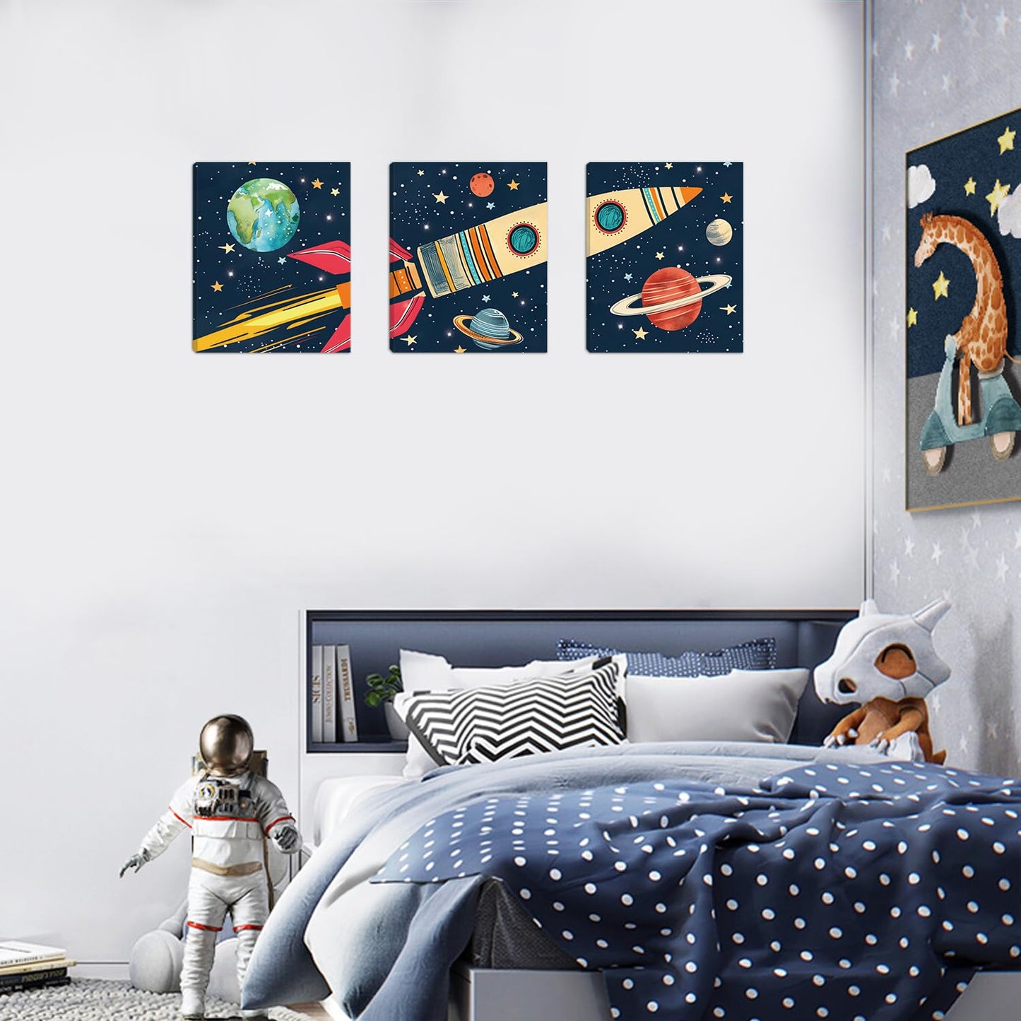 KAIRNE Rocket Outer Space Decor,Solar System Wall Art,The Planets Hanging Decor,Rocket Artwork Paintings out of space decor for Boys Bedroom Toddler Kids Room Classroom Decoration