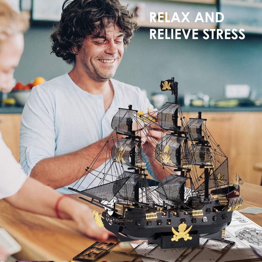 Piececool 3D Metal Puzzles for Adults, Black Pearl Pirate Ship Model Kits with DIY Tools, Watercraft Metal Model Building Kit for Birthday Christmas Gifts