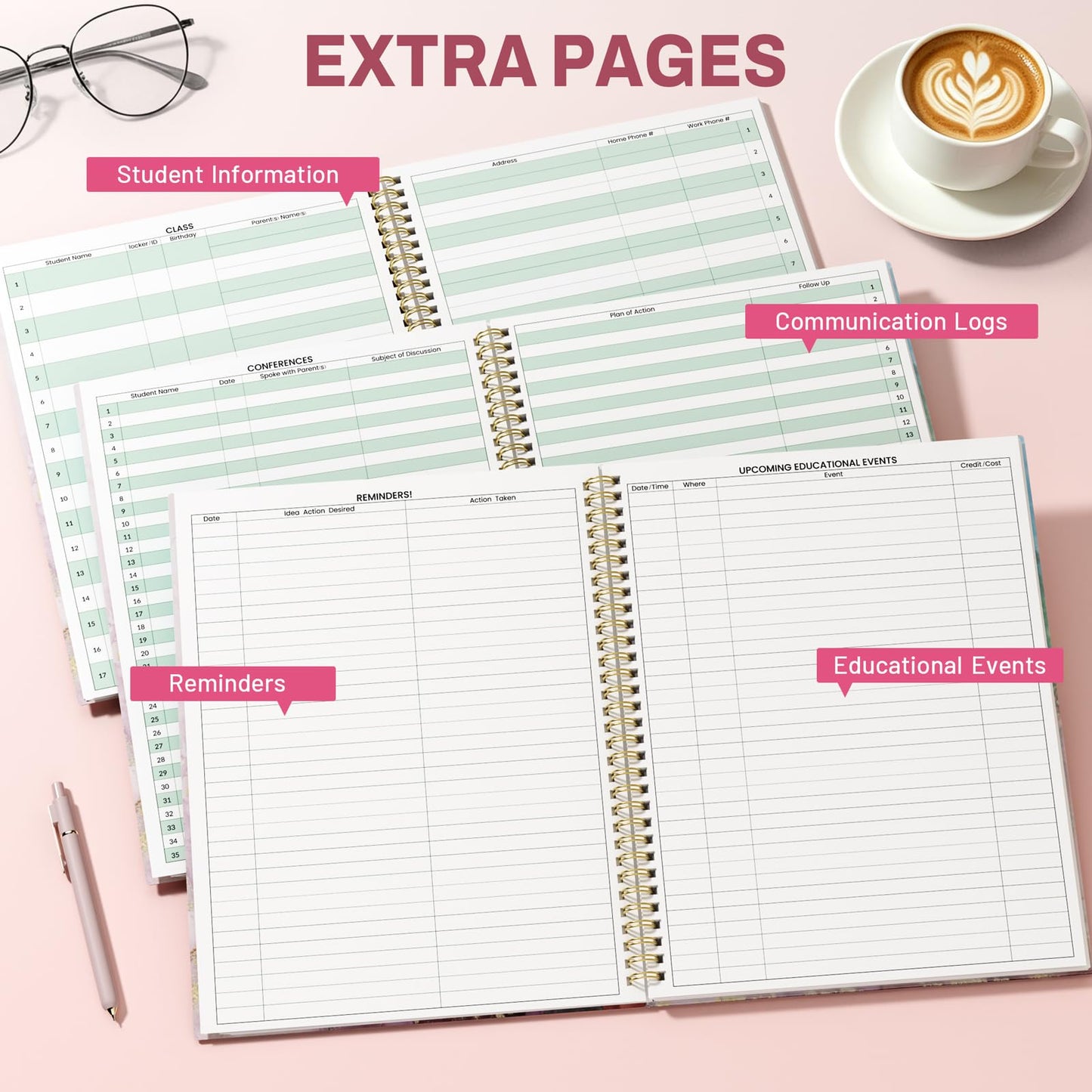 SUNEE Teacher Class Record Book for 9-10 weeks, 36 Names, 8.5x11 Inch, 104 Pages(52 Sheets), 100gsm Thick Paper, Larger Grade Recording up to 36 Students with Water-Resistant Plastic Cover,Pink Marble