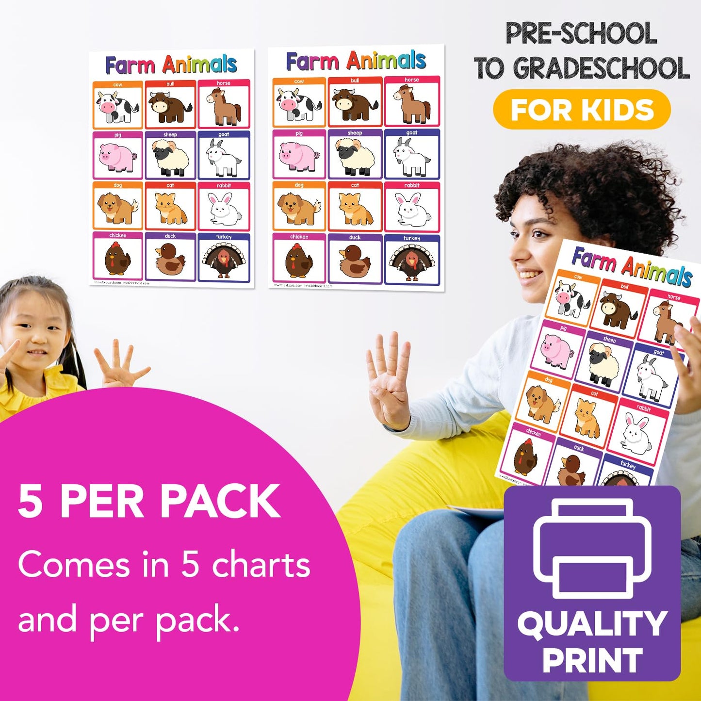 Educational Charts for Preschool to Grade 1 – Bright and Colorful Educational Visual / Learning Aid Wall Art Posters for Classroom | Glossy Durable Cardstock | 8.5" x 11" | 5 per Pack (Farm Animals)