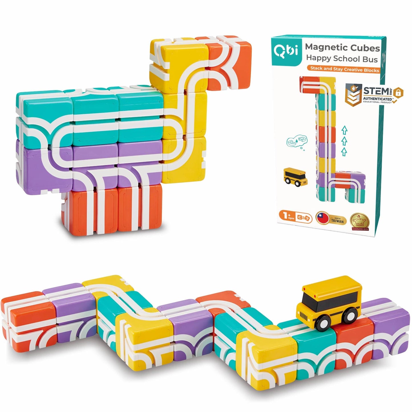 QBI Magnetic Blocks for Toddlers 1-3｜School Bus Toy Set with 12 Pastel Track Cubes｜STEM Montessori Educational Toys for 1 Year Old Boys & Girls｜Safe Large Building Bricks (13 Pieces Starter Pack)