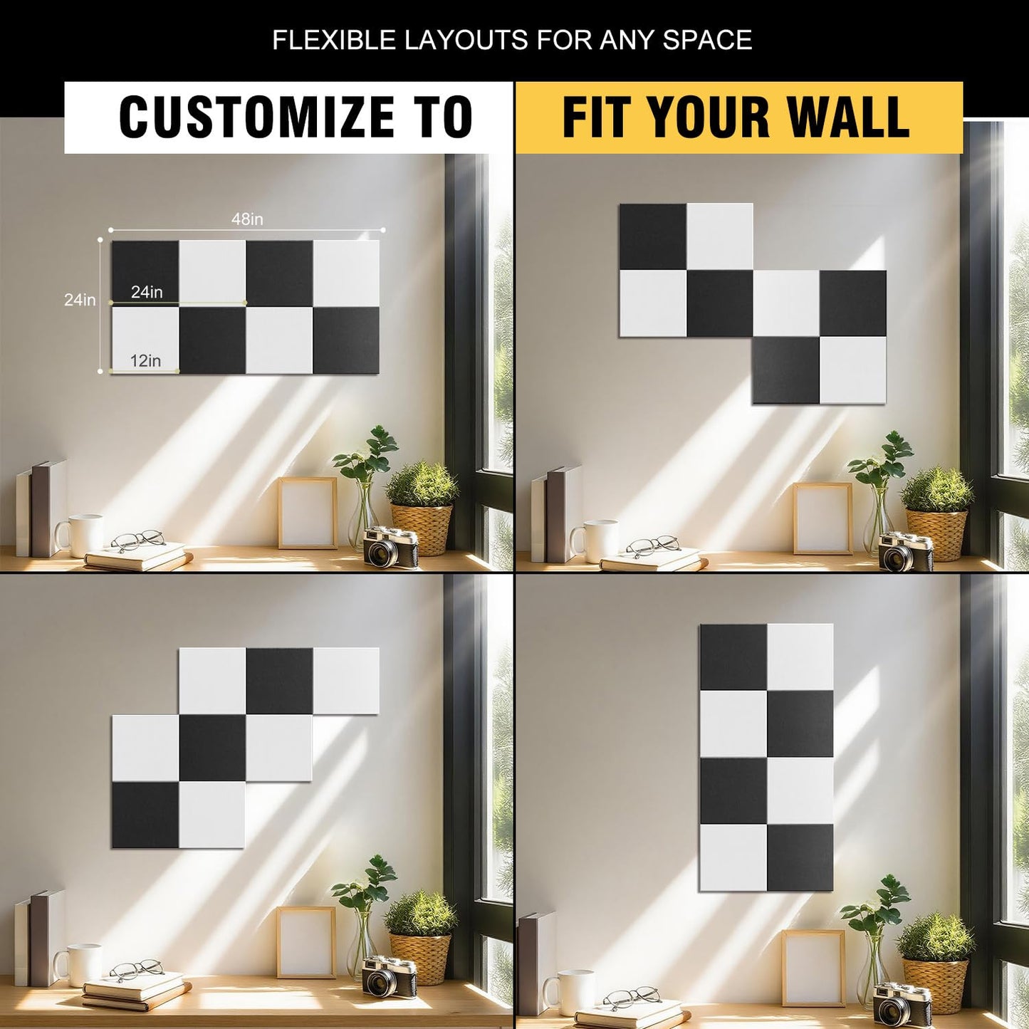 TSJOFFICE Large Cork Board for Wall - 48" x 24" Bulletin Board with 30 Pushpins for Office Decor, Pin Board 8 Pack Felt Tiles with Safe Removable Adhesive Tabs, Corkboard for Home - Black & White