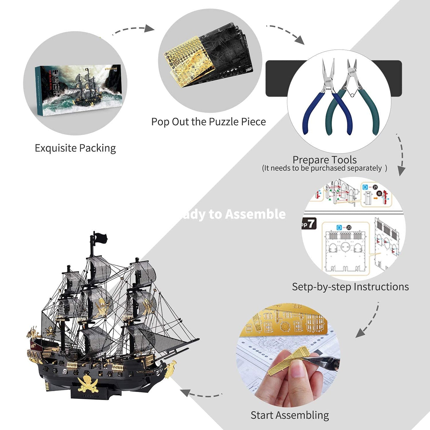 Piececool 3D Puzzles for Adults, Black Pearl Pirate Ship Metal Model Kits, 3D Watercraft Model Building Kit, DIY Craft Kits for Family Time, Great Christmas Gifts, 307Pcs