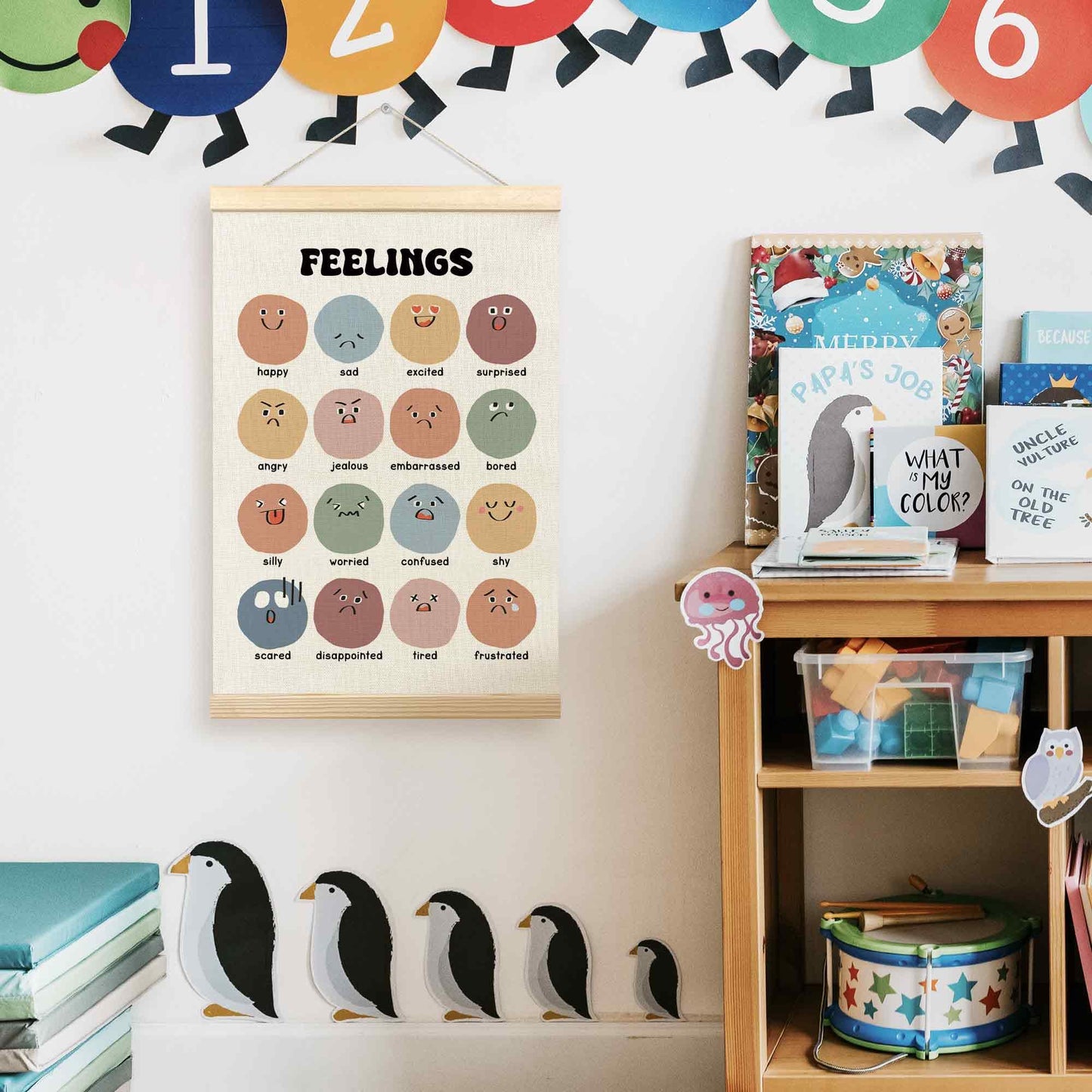 TLESKE Boho Classroom Feelings Emotions Chart Poster Hanger Frame for Toddlers Kids, Homeschool Hanging Wall Art Room Decor for Nursery Playroom, Preschool Prek Learning Educational Poster, 16x24