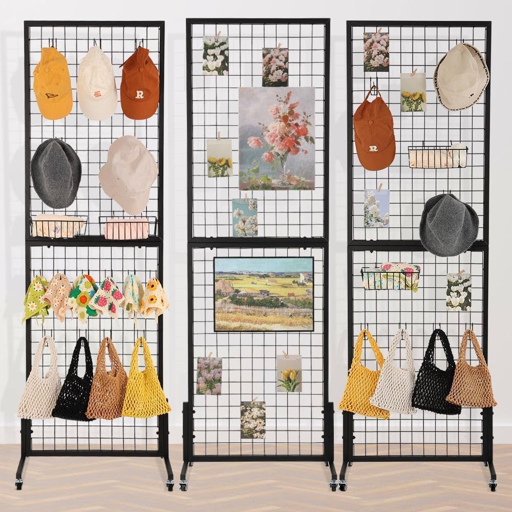 OUDUCK 3 Packs 1.8' x 5.7' Grid Wall Panels Standing Wire Grid, Display Rack with T-Base Wheels Freestanding Gridwall Panel Tower for Shows, Black