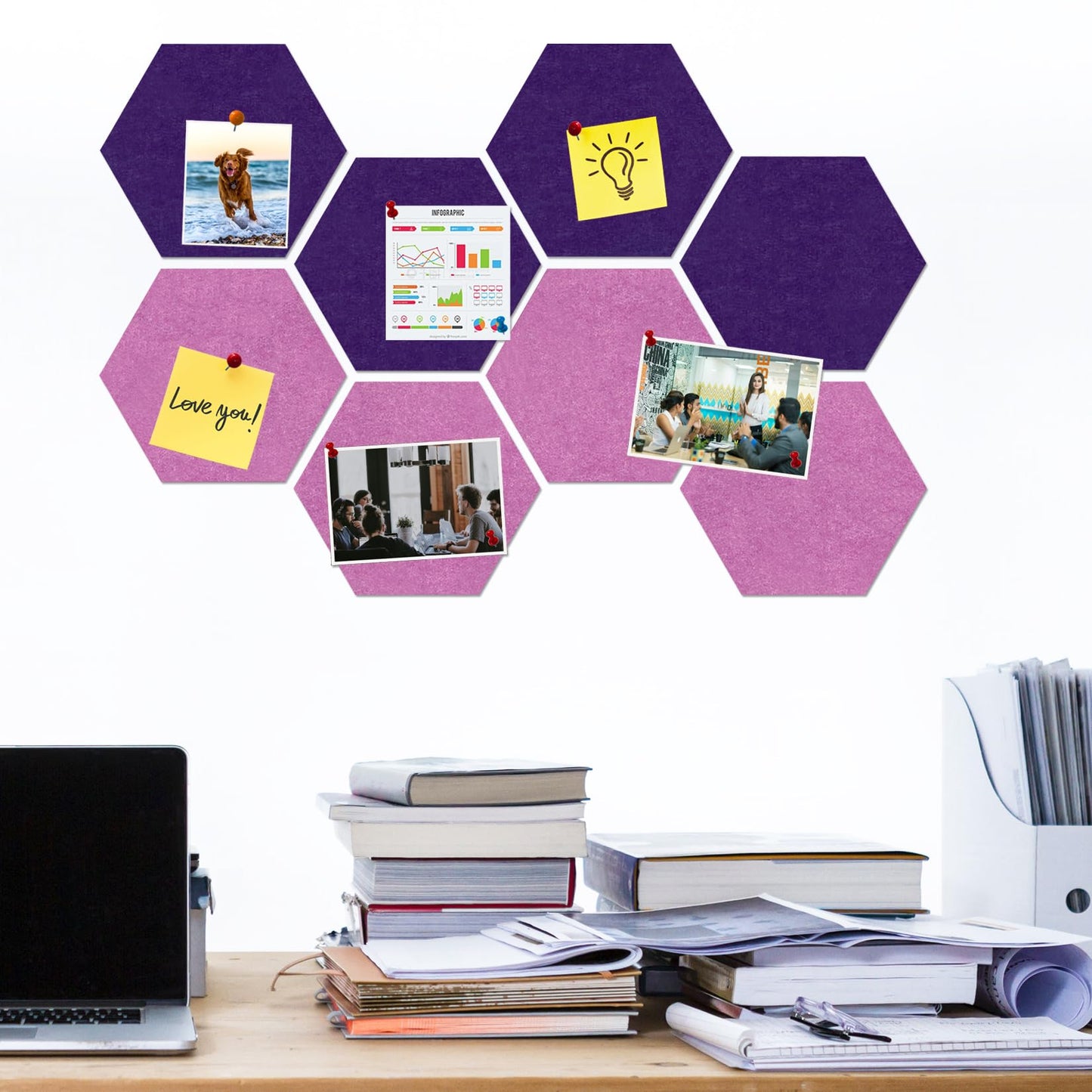 HULAVO Large Hexagon Felt Cork Board Tiles, Self Adhesive DIY Felt Bulletin Board Pin Board with 35 Pushpins for Office School Home Wall Decor(Purple+Light Purple)