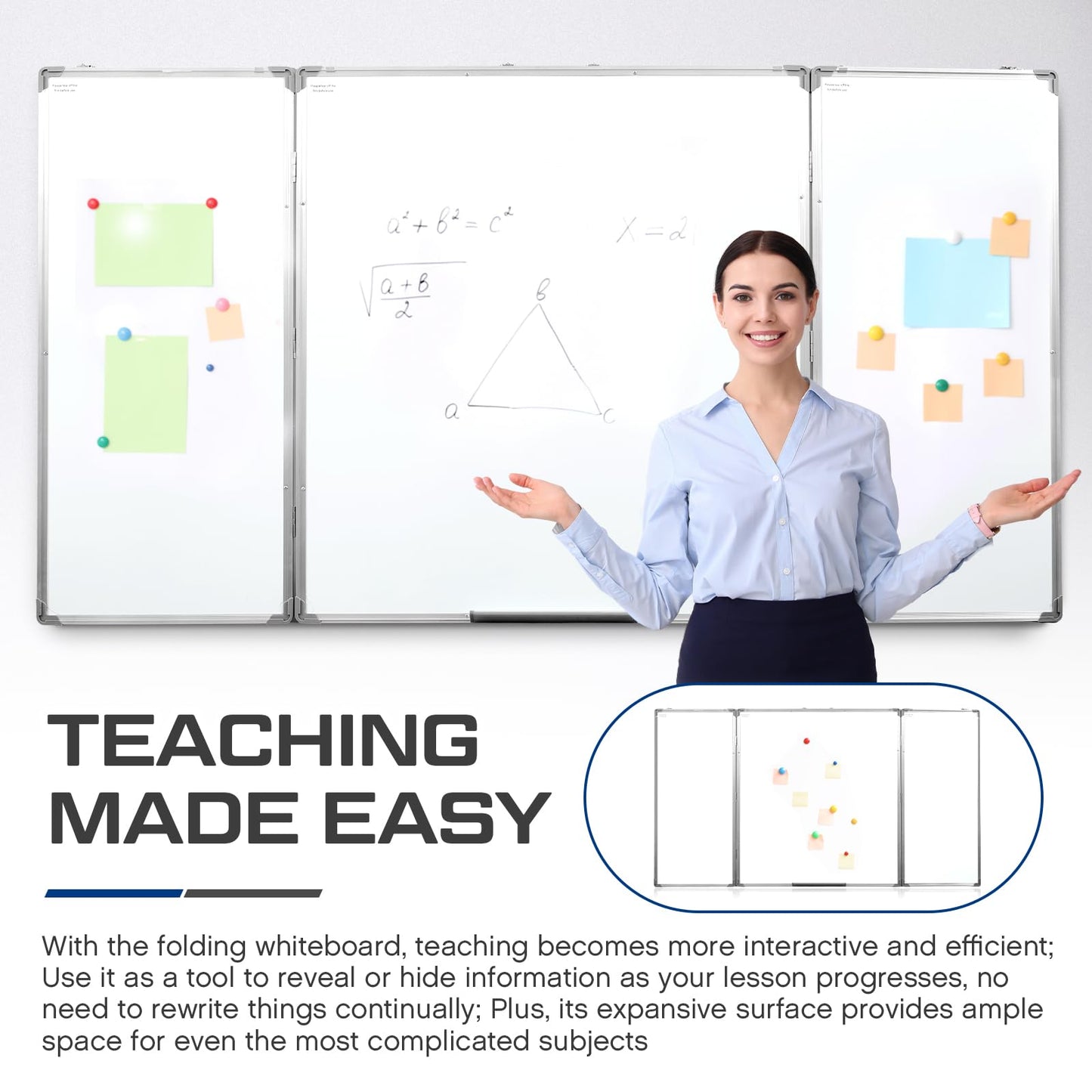 AmazingSpark 72” x 40” Foldable Whiteboard Dry Erase Board Large Tri Folding Whiteboard Magnetic Dry Erase Board, Wall Aluminium Frame and Pen Tray for Office, Home