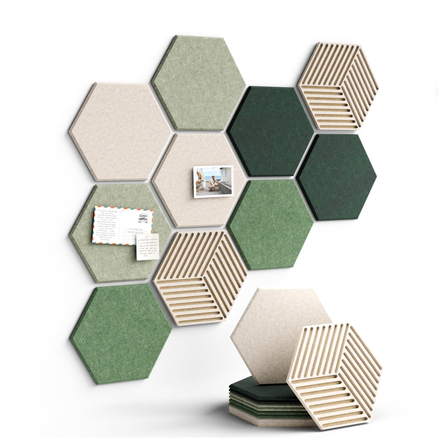 Fluxynara Hexagon Cork Board Alternative for Walls Decor-10-Pack Felt Bulletin Board Tiles,with 30 Pushpins,50 Adhesive Tabs for Office,Classrooms & Home Pin Board Felt Board-Sagewood