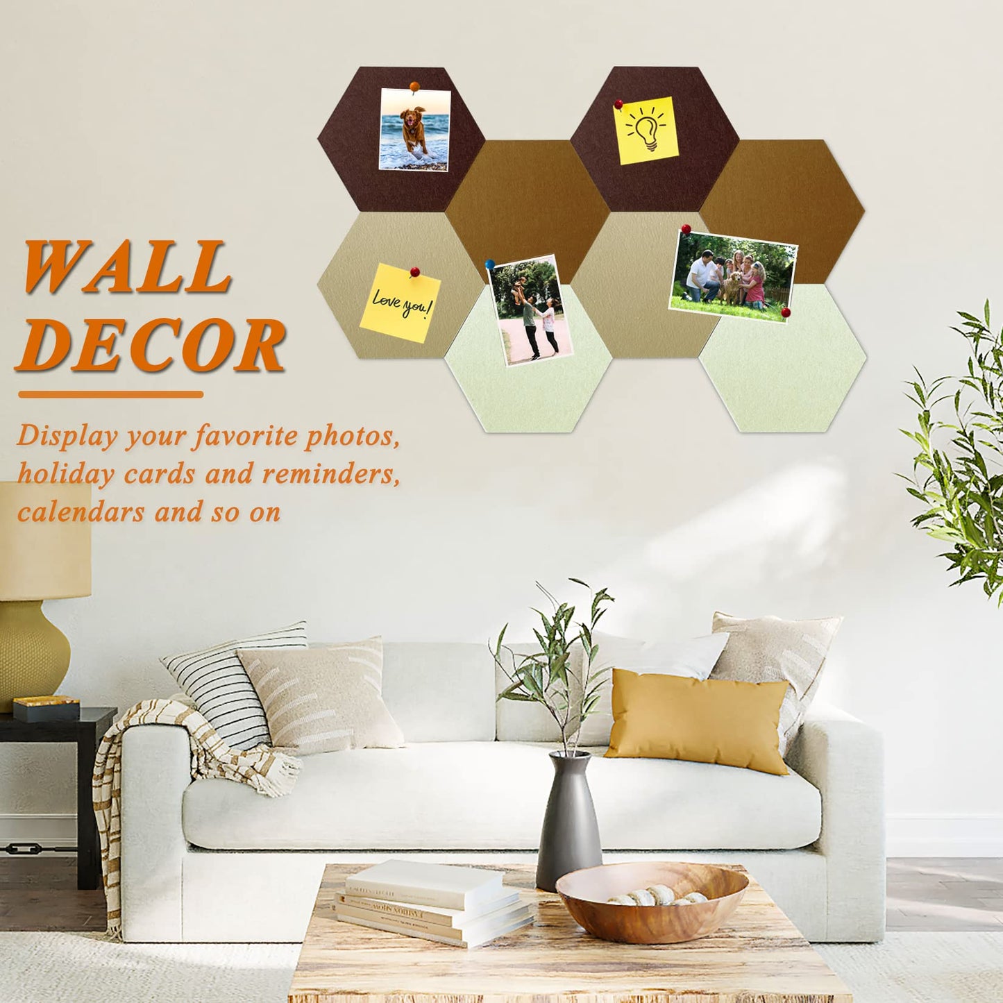 HULAVO 8 Pcs Hexagon Felt Cork Bulletin Board Tiles, Self Adhesive DIY Bulletin Board Pin Board for Office School Home Wall Decor Memos Photos Display (Gradual Brown)