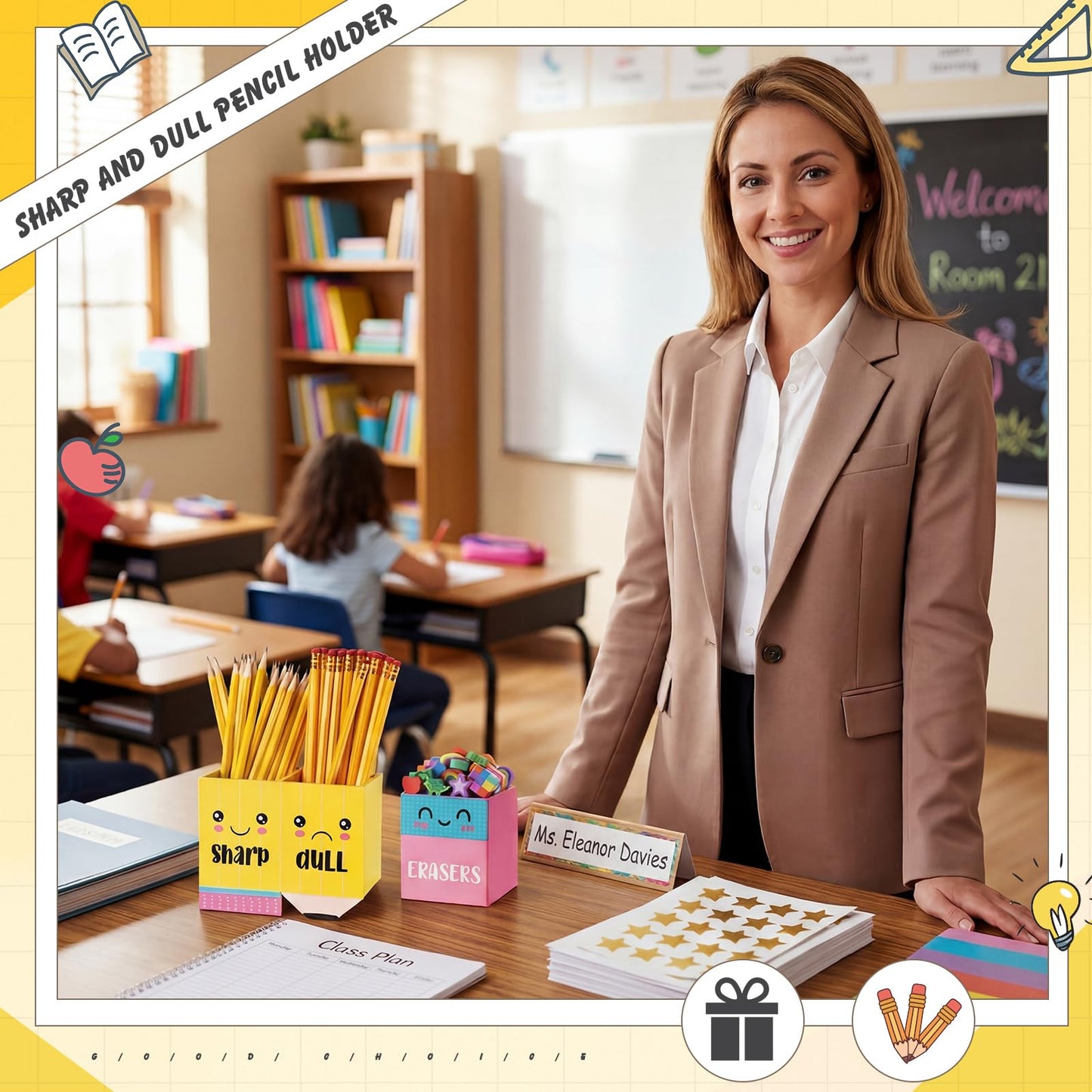 Eaasty Pencil Shaped and Sharp Dull Holder Eraser Wooden Dispenser Pencil Storage 3 Compartments for Back to School Teachers Classroom Organization (2 Pack,Stylish)