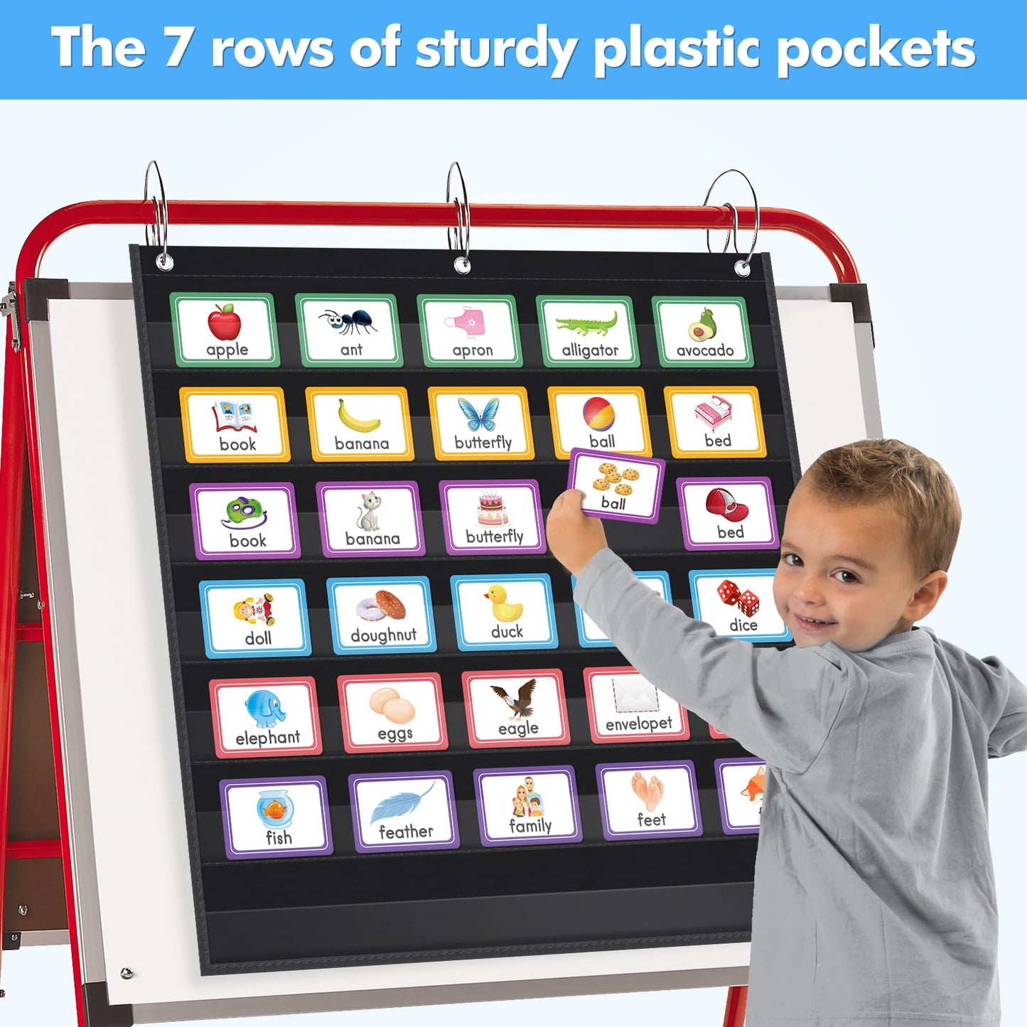 AUVCAS Standard Pocket Chart Clear 7 for Classroom & Home Heavy Duty Hanging Pocket Chart for Word Wall/Letter Cards/Sentence Strips 28Wx28L,Black