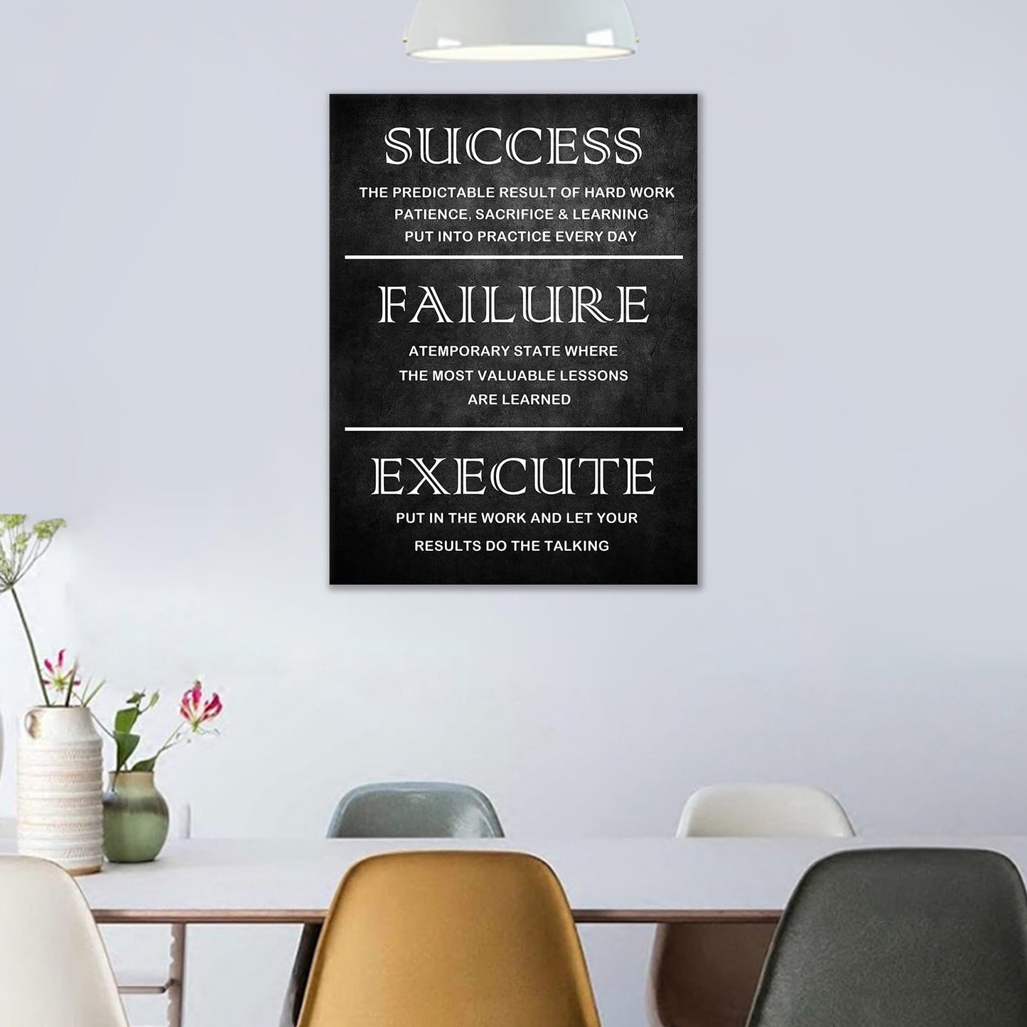 PJQART Inspirational Posters for Office, Success Failure Execute Typography Canvas Poster, Black Textured Single Panel Wall Decor for Home Office Dorm Classroom, 24x18 Inch