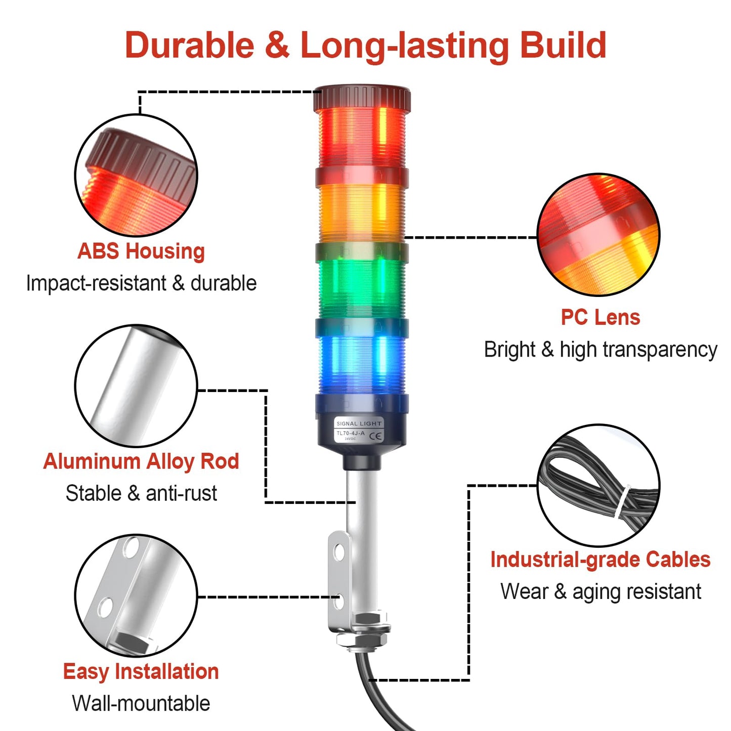 4 Stack Super Bright LED Andon Tower Light with Buzzer, 24VDC Red/Yellow/Green/Blue, Off-ON Switch, 16.4ft Extension Cord, 9.8ft Power Adapter, Plug Play Ready, for Factory Automation & Safety Alarms