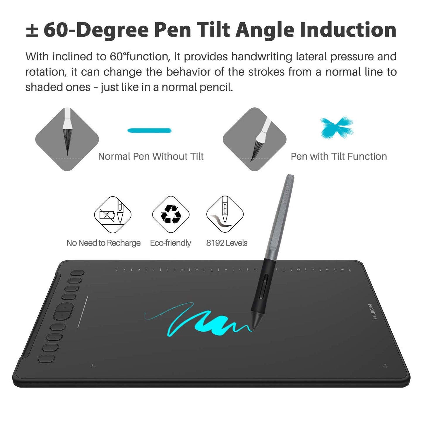 HUION Inspiroy H1161 Graphics Drawing Tablets, Touch Strip and 8192 Pen Pressure Sketch Tablet with Battery-Free Stylus,10 Shortcut Keys, Compatible with Android, Windows, and Mac Black