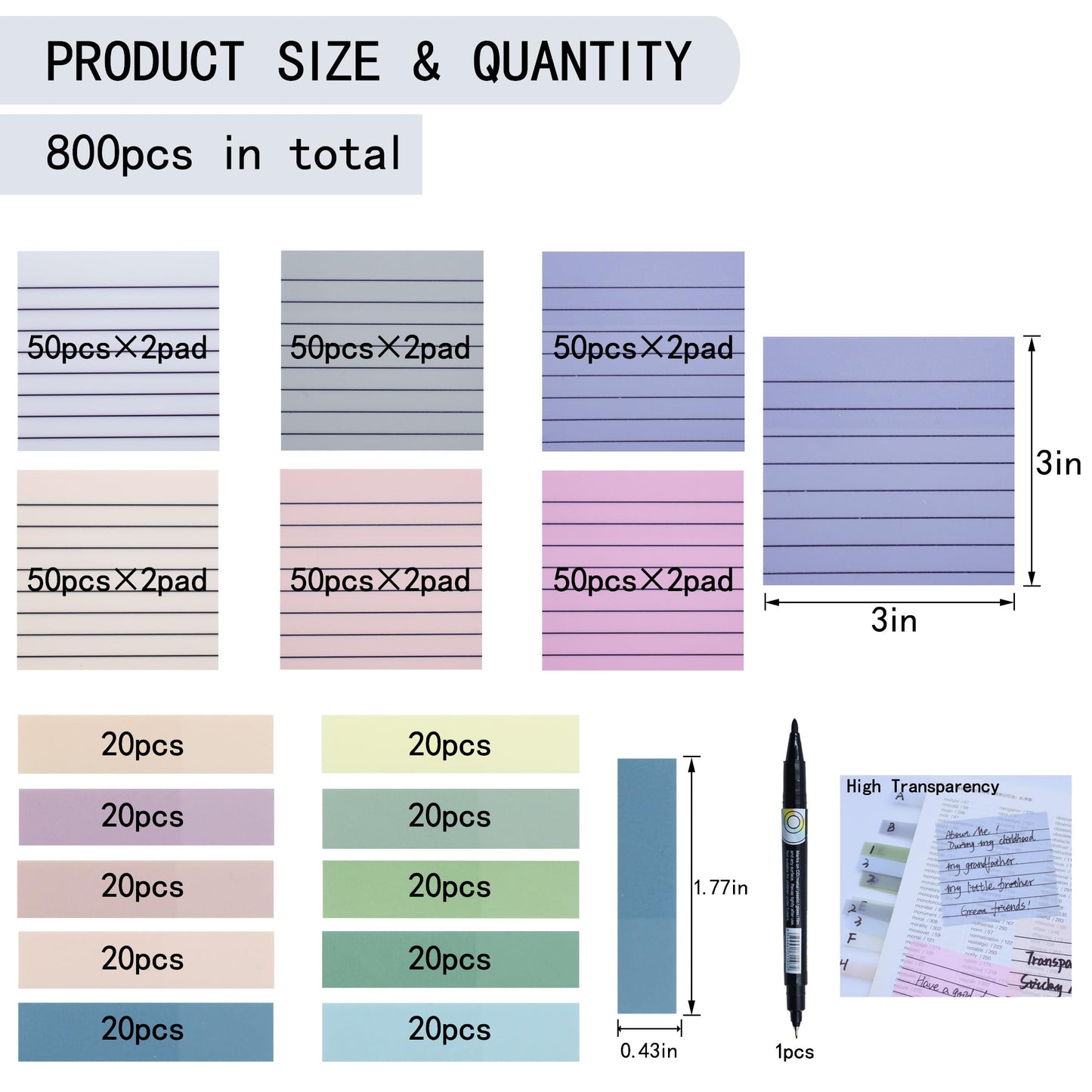 YOUDEFUL 800Pcs Transparent Sticky Notes, 3"x3" Clear Sticky Notes with Lined, Waterproof Translucent Sticky Note Pads for Books Annotation, Clear Post it Notes for Bible Study, School, Office