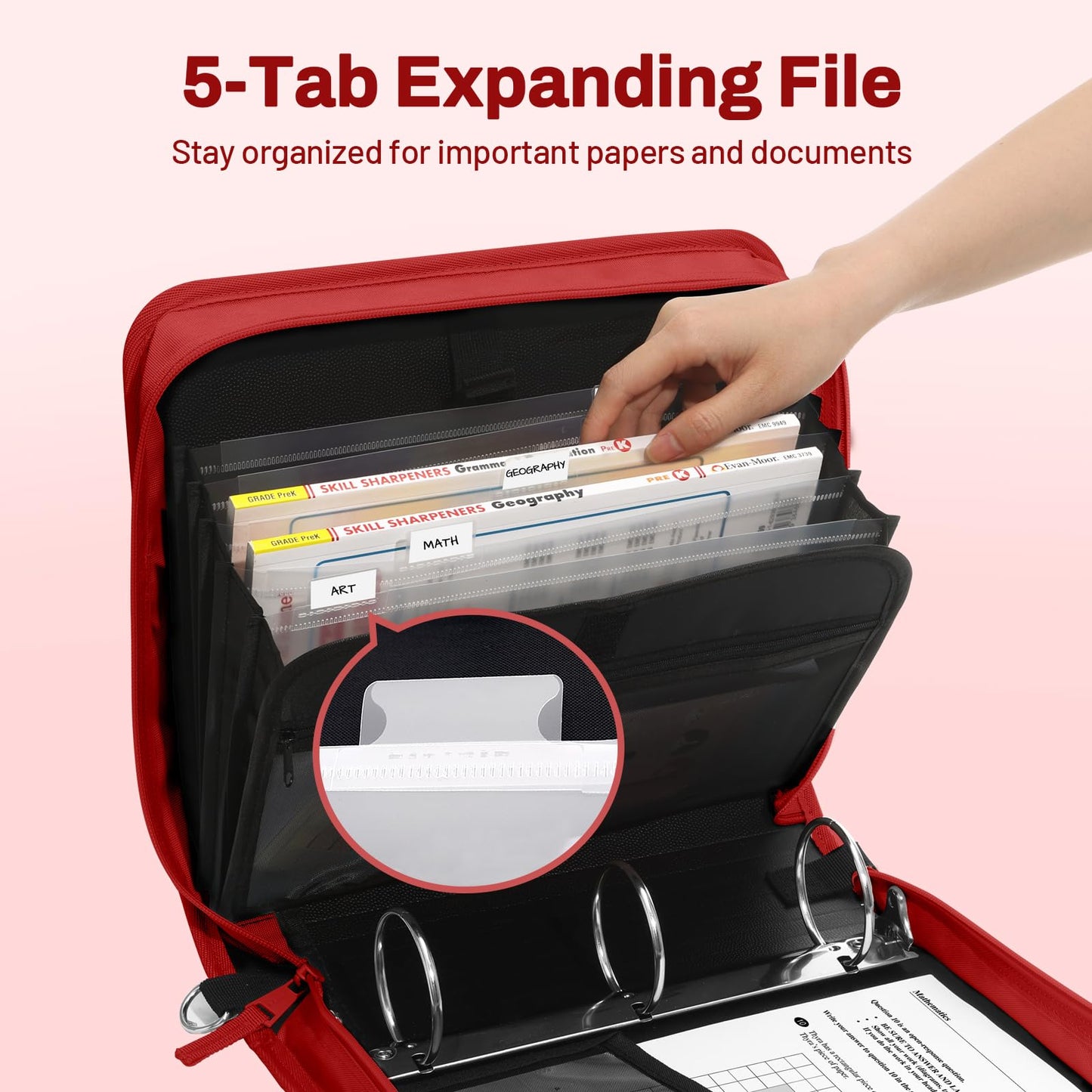 SUNEE Zipper Binder 3 Ring, 3 Inch O-Ring with Handle and Shoulder Strap, 600-Sheet Capacity, 5-Tab Expanding File Folder, Multi-Pockets for Middle School Organizer Binder with Zipper, Bright Red