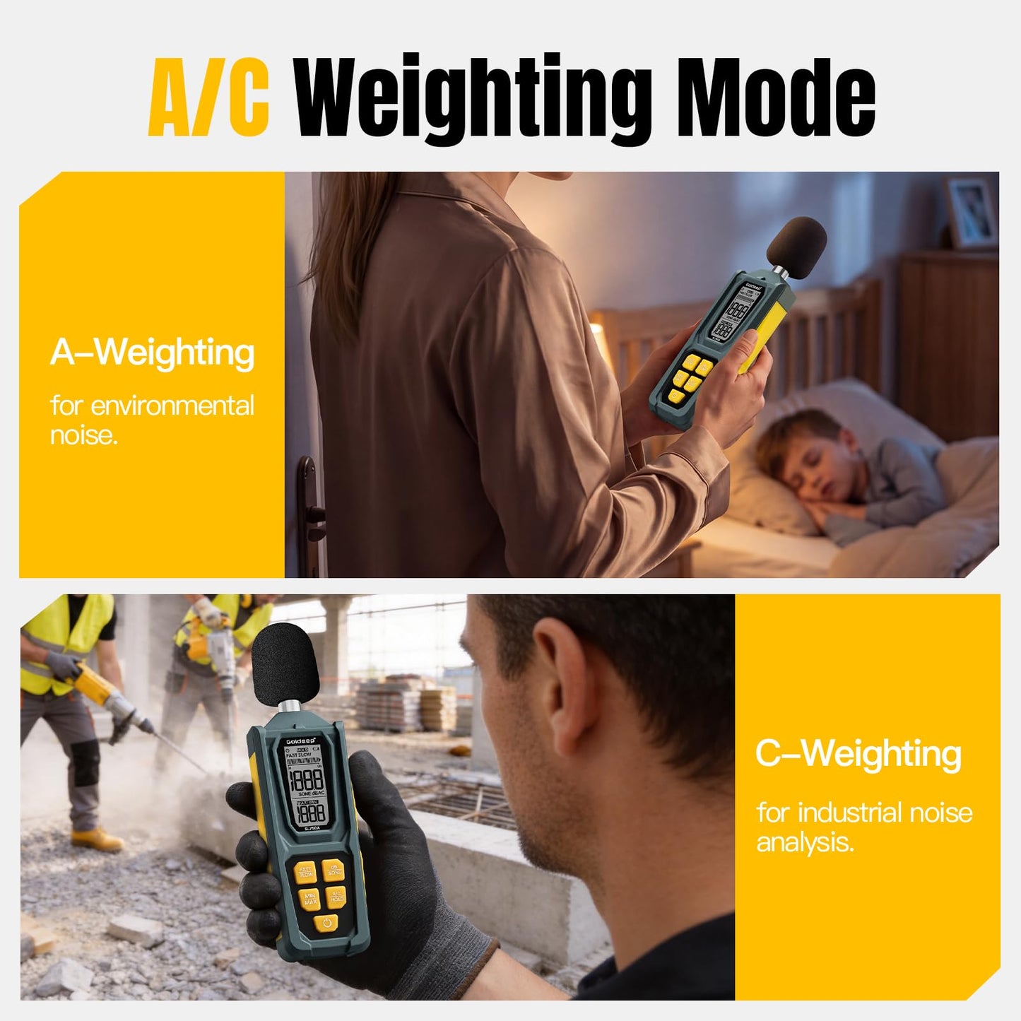 Decibel Meter, Goldeep SL750A Digital Sound Level Meter 30-130dB, A/C Weighted DB Meter with dB/SONE, Fast/Slow, MAX/MIN, LCD Sound Meter for Home, Office, Factory, Neighbor Noise - Lemon Yellow