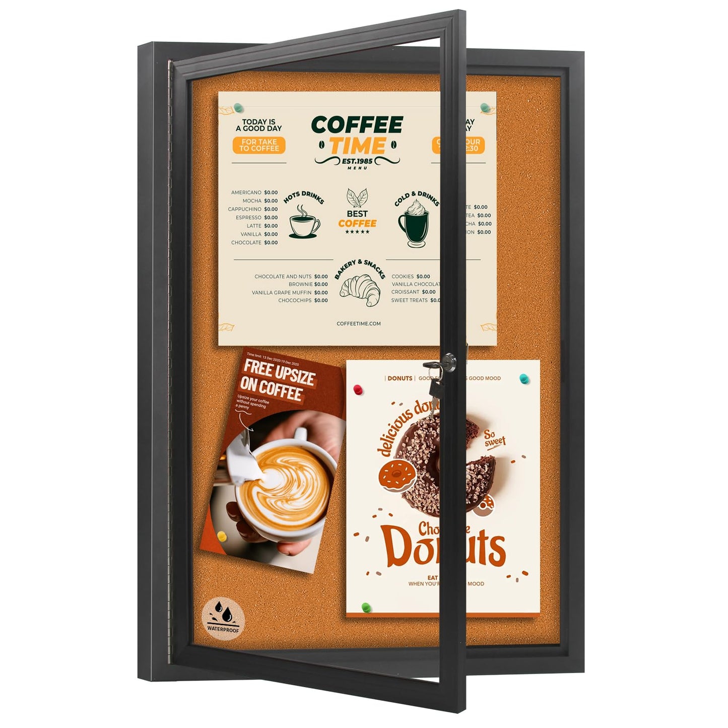 Enclosed Bulletin Board,Outdoor Weatherproof Cork Noticeboard with Locking Door, Wall-Mounted Black Aluminum Frame,Display Case Message Board for Office Home,36x24 Inch (5xA4)