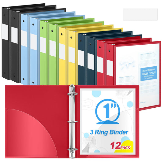Henoyso 1 Inch 12 Pcs 3 Ring Flexible Colored Binders with Clear Front Cover and 2 Pockets, 8.5 x 11 Plastic Soft Bendable Binders Colorful for School Office, Hold 350 Sheets (Assorted Color)