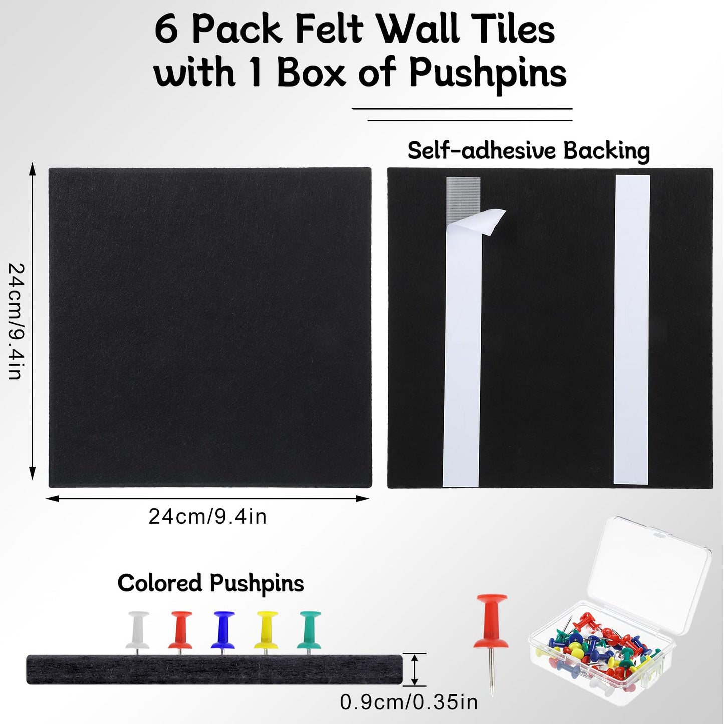 Large Cork Board 28" x 19", 6 Pack Felt Bulletin Board with Pushpins, Cork Boards Alternative with Self-Adhesive Strips, Felt Wall Tiles Pin Boards for Walls Office Home School Decor-Black