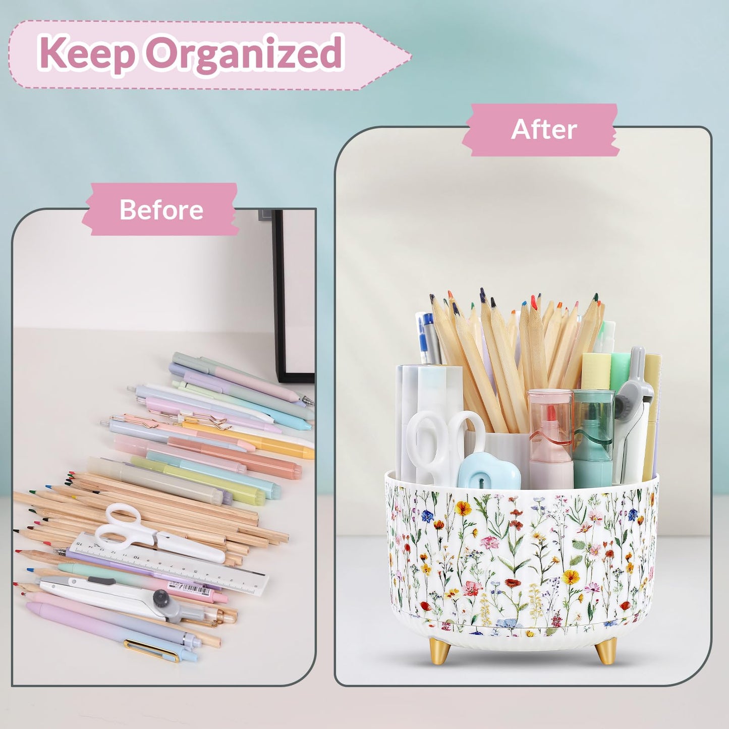 SKYDUE 360 Degree Rotating Desk Organizer, Dual-Purpose Pencil Pen Holder for Desktop, Desk Pen Organizer with 5 Slots, Office Supplies, Pencil Cup for Office, School, Home