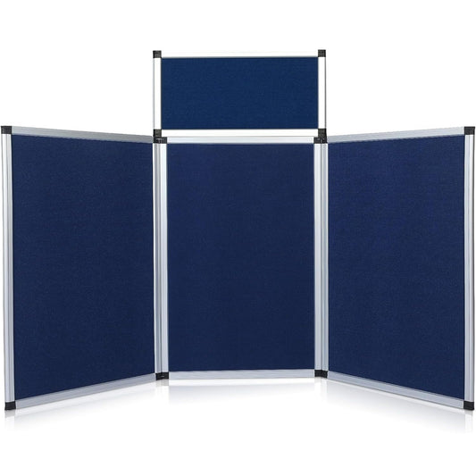 ISXACFF 3+1 Panel Trade Show Presentation Board 70.8“ x 35.4” Blue Trifold Poster Board Folding Exhibition Display Boards Double Sided Tabletop Display with Storage Bag Hook & Loop-Receptive Fabric