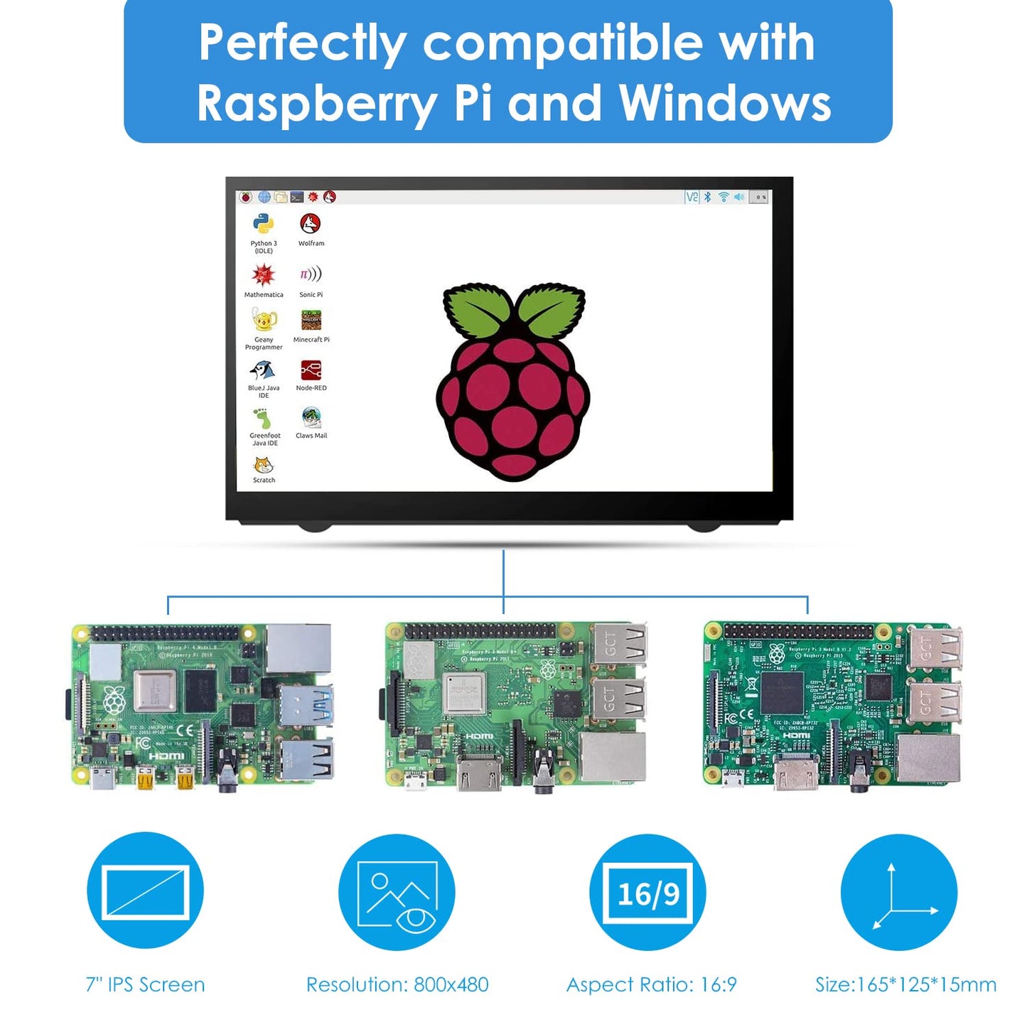 HMTECH 7 Inch Raspberry Pi Screen 800x480 HDMI Portable Monitor IPS LCD Screen Display for Raspberry Pi 5/4/3/2/Zero/B/B+ Win11/10/8/7 (Non-Touch)