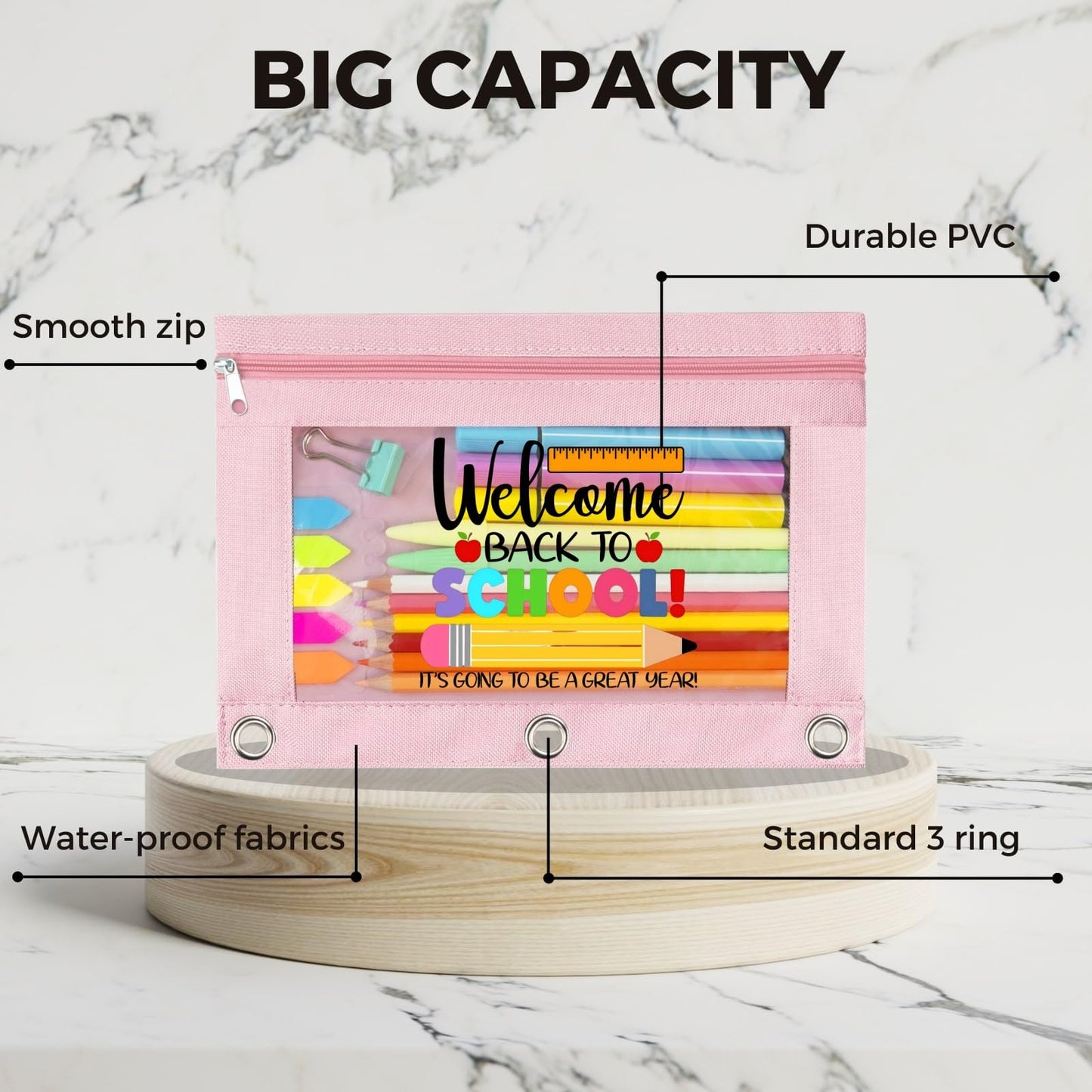 TOPWOOZU Zippered Pencil Pouch Cute for 3 Ring Binder, Welcome Back To School Clear Pen Pencil Case Bag Pink 2 Pack