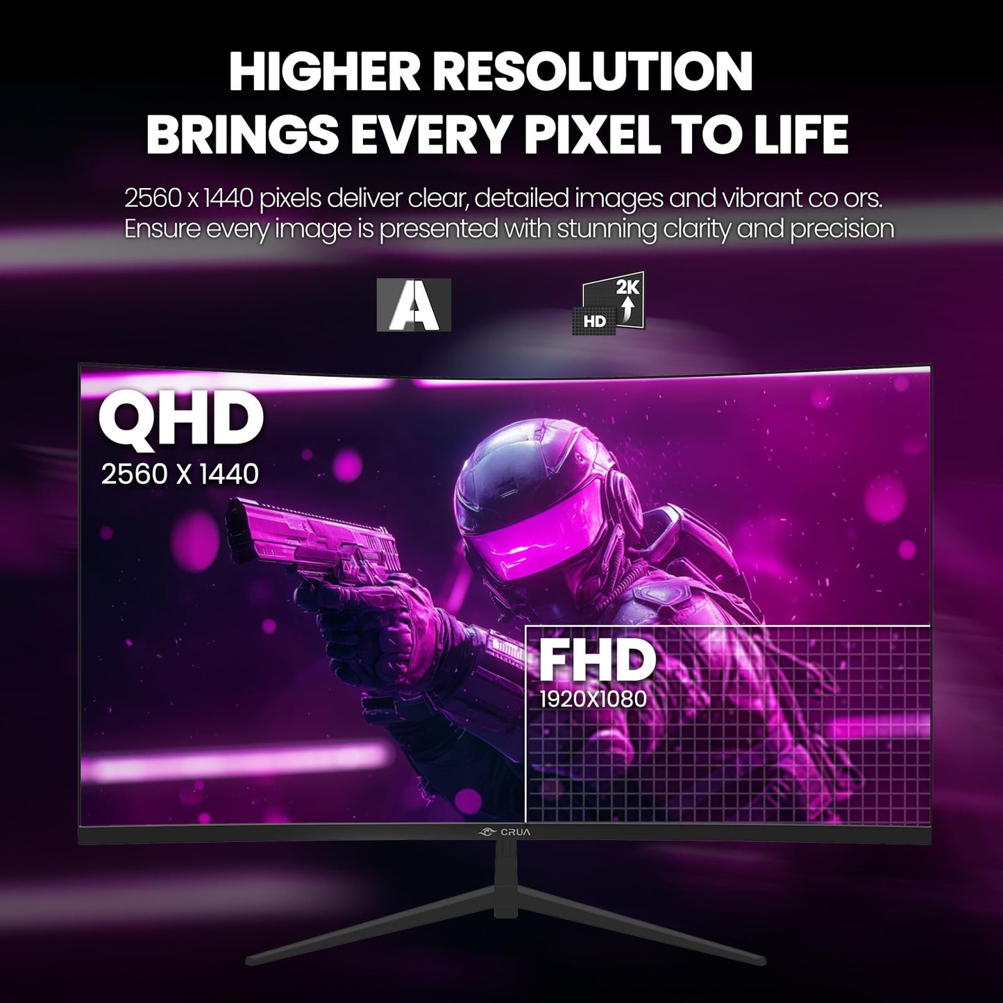 CRUA 32" Curved Gaming Monitor, 2K QHD 2560x1440, 144Hz/165Hz VA Display, 1800R Screen, 120% sRGB, AMD FreeSync, Low Blue Light, HDMI& DP, Wall Mountable PC Monitor for Gaming, Streaming & Work- Black