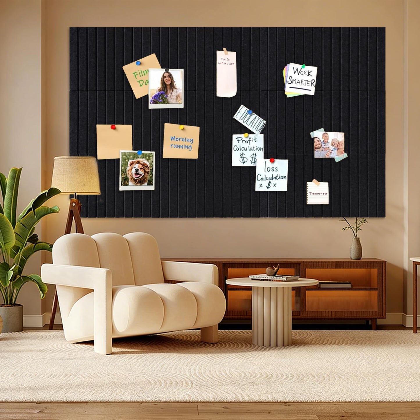 15 Pack Felt Bulletin Board, 35" x 59" Large Black Pinboard with 30 Push Pins, Felt Pin Board, Self-Adhesive Cork Board Tiles for Home, Office Walls, School Classroom Message Photos Display