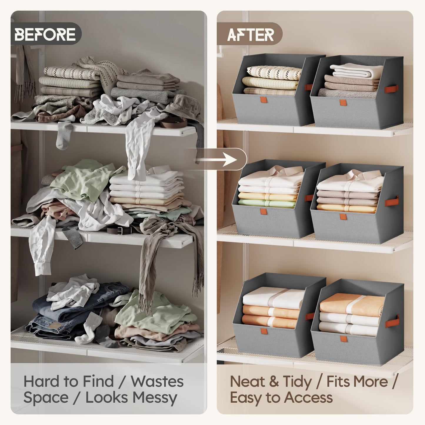 Homsorout Fabric Closet Storage Cubes - 6 Pack Square Storage Bins with Dual Handles for Clothes, Towels, Toys, Cube Storage Organizers for Bedroom, Nursery, Shelves, Closet, Small Spaces, Grey