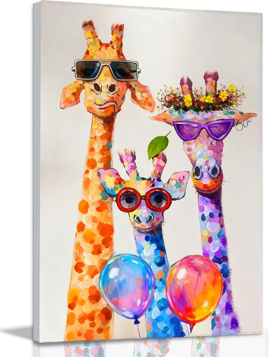 12x16 Graffiti Giraffe Family Canvas Wall Art, Colorful Framed Animal Prints with Sunglasses & Balloon, Funny Lovely Artwork for Kids, Teen Boys Girls, Nursery Bedroom & Living Room Home Decor