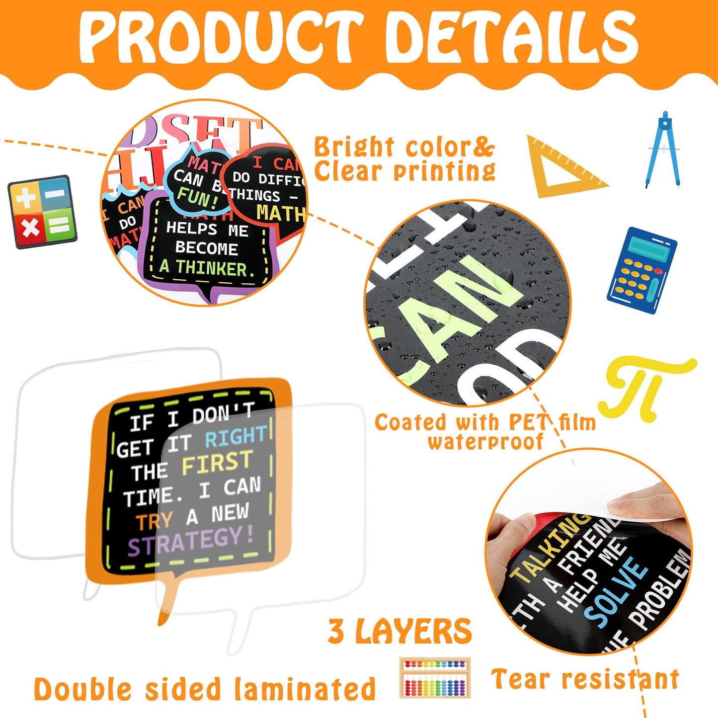 party greeting Math Growth Mindset Bulletin Board Set Maths Classroom Decoration Mathematics Paper Cutout Number Bulletin Board Border for Inspirational School Educational Wall Decor Teacher Supplies