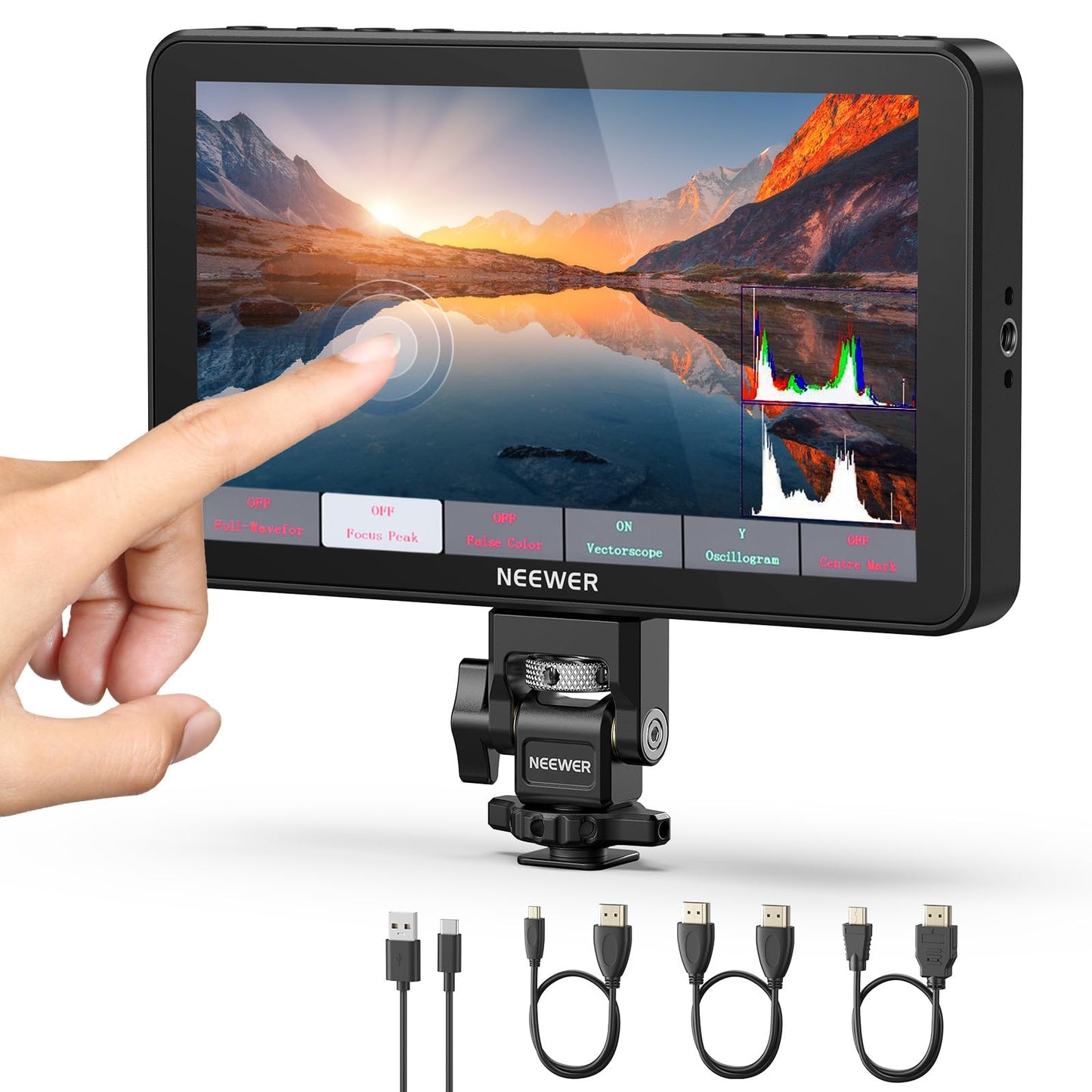NEEWER F700 7" Camera Field Monitor, 2000nit HD 1920x1080 IPS Touch Screen with 3D LUT, 4K HDMI Loop in/Out with Peak Focus DSLR Video Assist HDR Waveform, Cold Shoe Mount, Battery Not Included