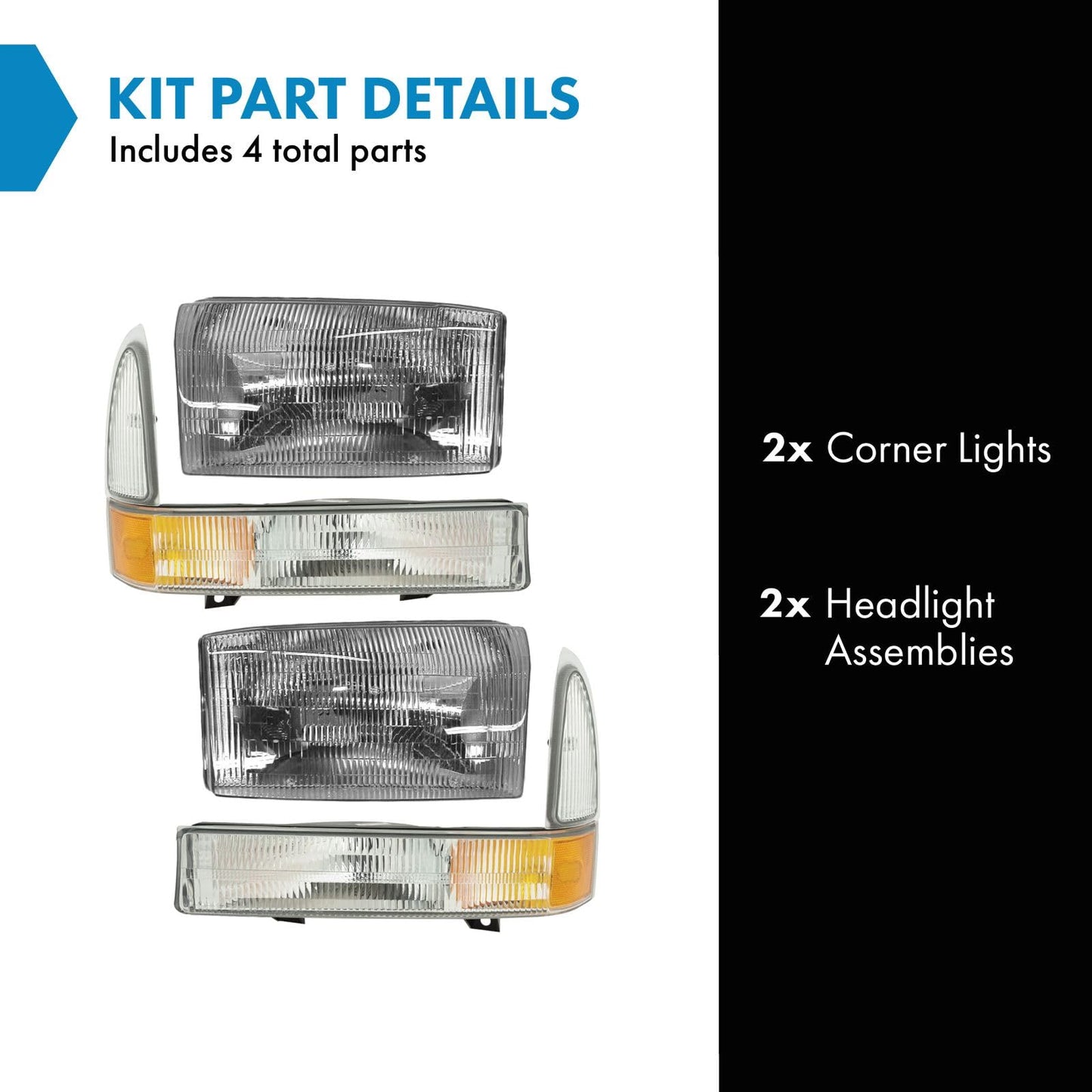 TRQ Headlight Assembly Set for 2002-2004 Ford Excursion & F250/F350 Super Duty, Model LKA55915, Amber Color