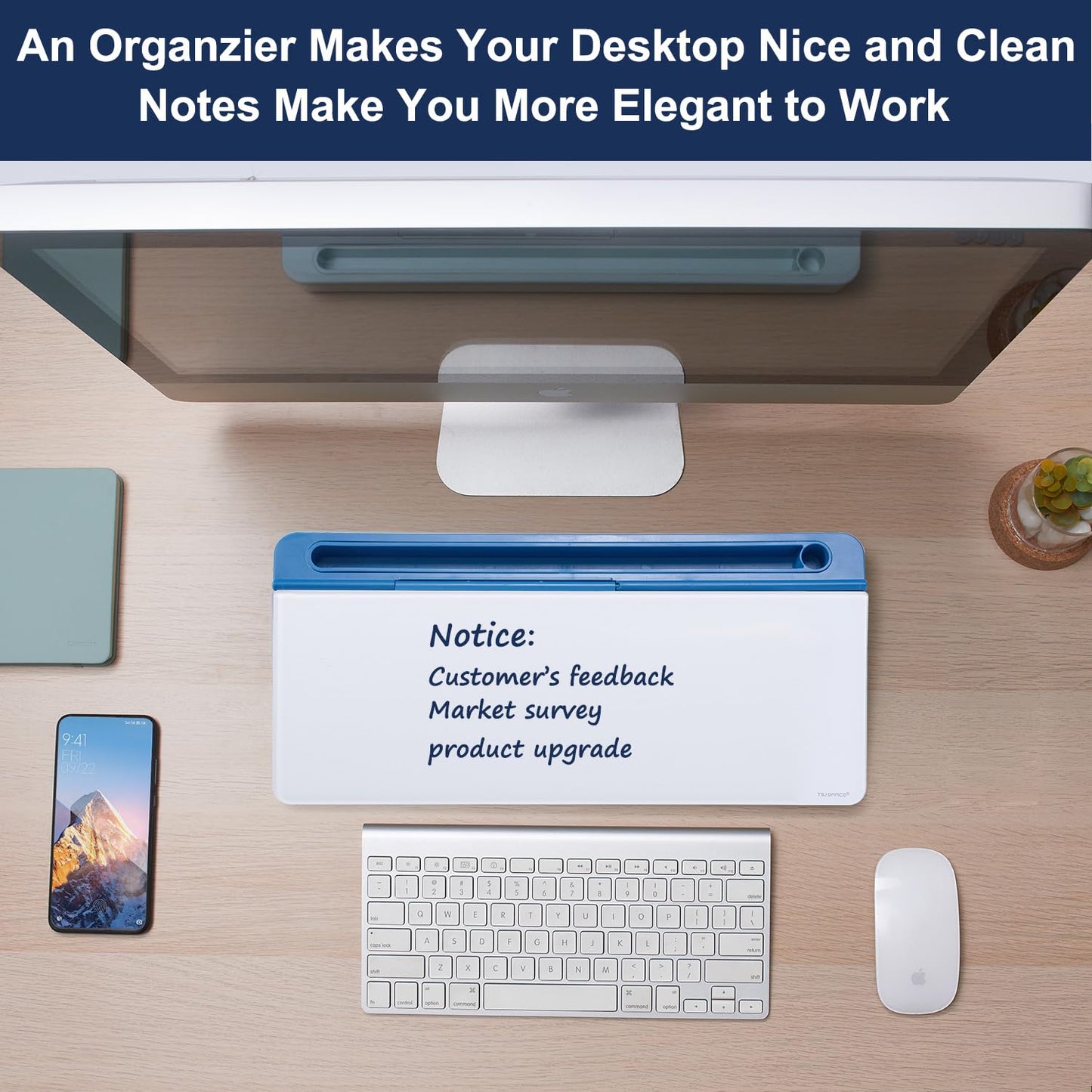TSJ OFFICE Desktop Whiteboard Dry-Erase-Board - Computer Keyboard Stand White Board Surface Pad with Drawer, Desk Organizers with Accessories for Office, Home, School Supplies - Blue