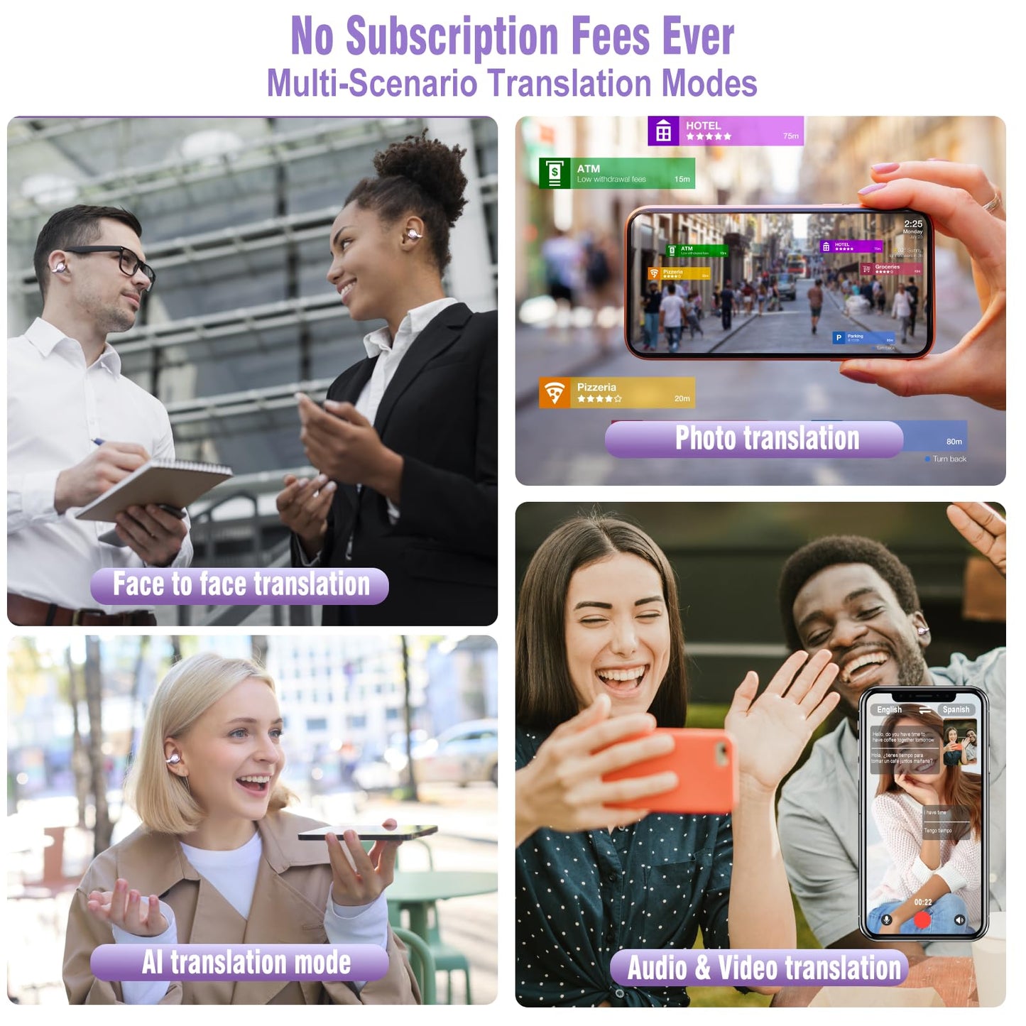AI Translation Earbuds Real Time, 164 Language Translator Earbuds, 3-in-1 Wireless Clip on Earbuds, Bluetooth 5.4 Headphones, Translating Device for Travel Business Learning (Purple)