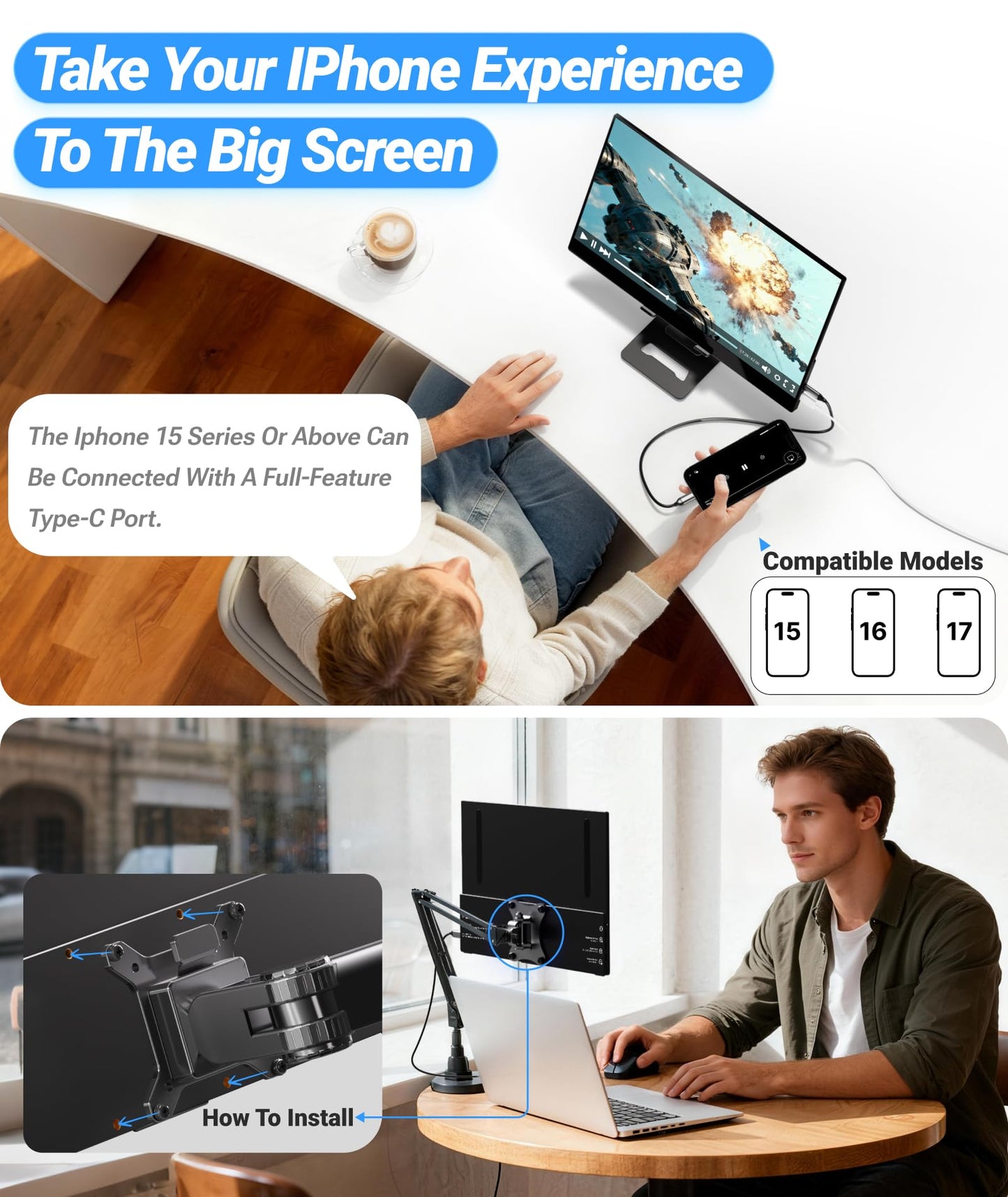 Ingnok Portable Monitor, Ultra Slim 15.6 Inch FHD IPS Laptop Screen Extender with Adjustable Stand, USB C Compatible, Ideal for Travel and Office