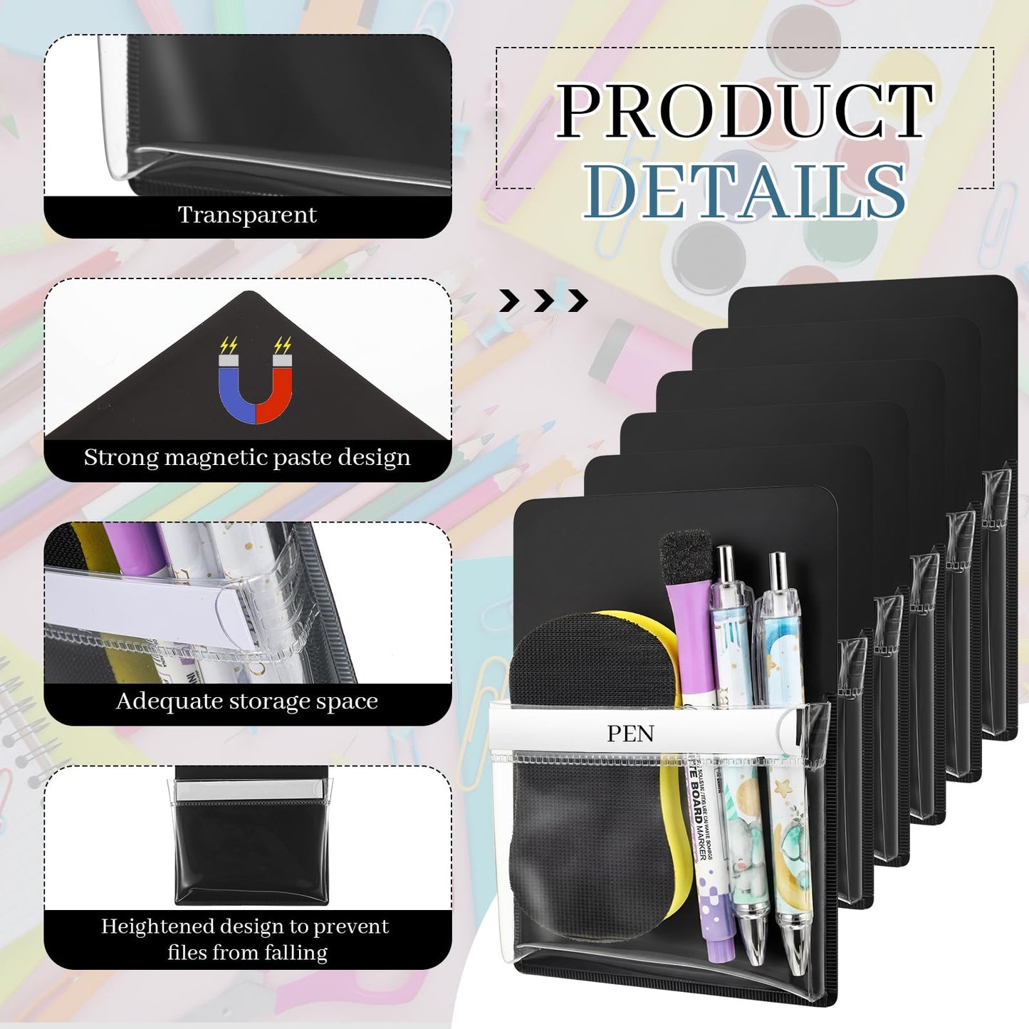 Sherr 6 Pcs 6 Pcs Magnetic Pockets Pen Marker Holders for Classroom Whiteboard 4.7 x 6.5 Magnetic Clear File for Fridge Locker Dry Erase Marker Storage Teacher Supplies (4.7 x 6.5 in,Black)