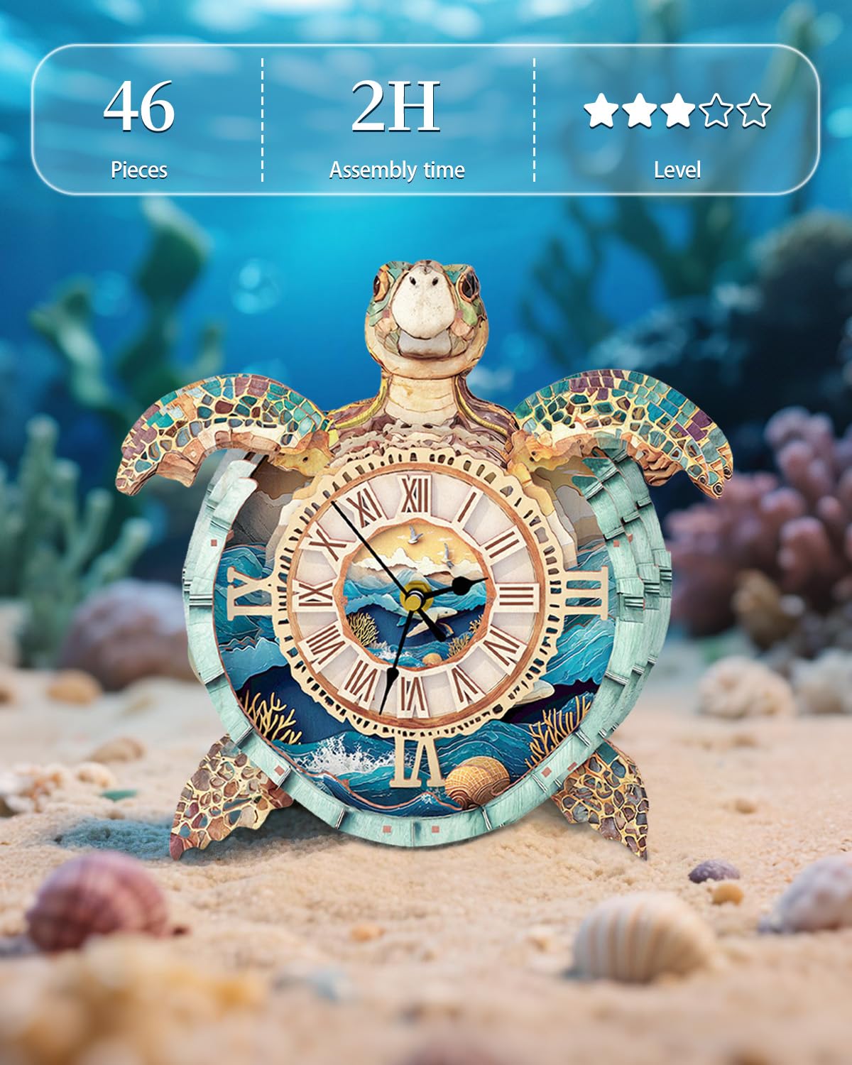Rnfinewow 3D Puzzles for Adults, 3D Puzzle Sea Turtle Clock Kit (with Pendulum), Wooden Puzzle for Adults Home Wall Decor Clock Christmas Day Puzzle Gifts for Women Men